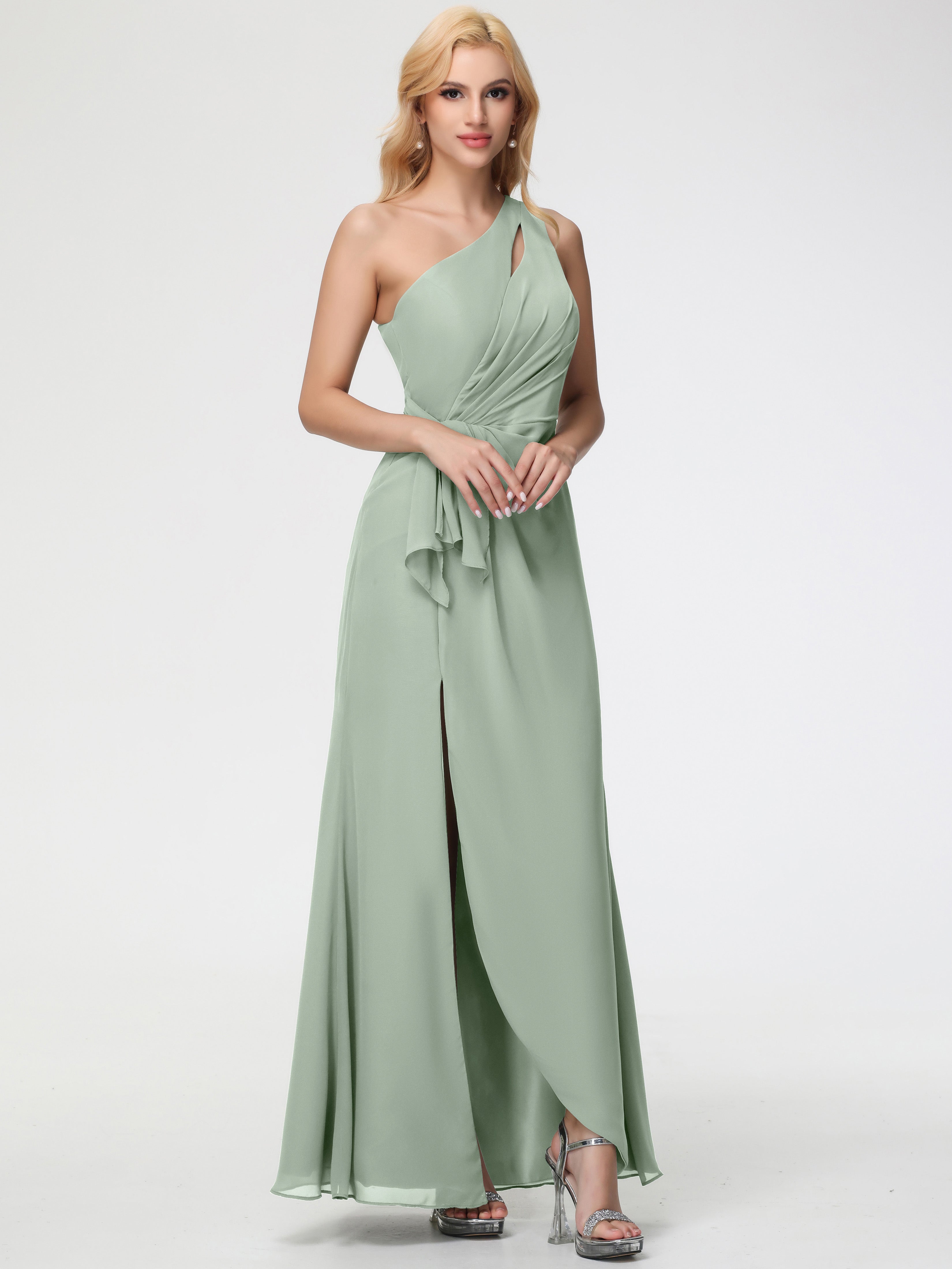 Bridesmaid Dresses Celadon One Shoulder Sheath/Column Ruched Chiffon Bridesmaid Dresses with Slit Bridesmaid Dresses Celadon One Shoulder Sheath/Column Ruched Chiffon Bridesmaid Dresses with Slit