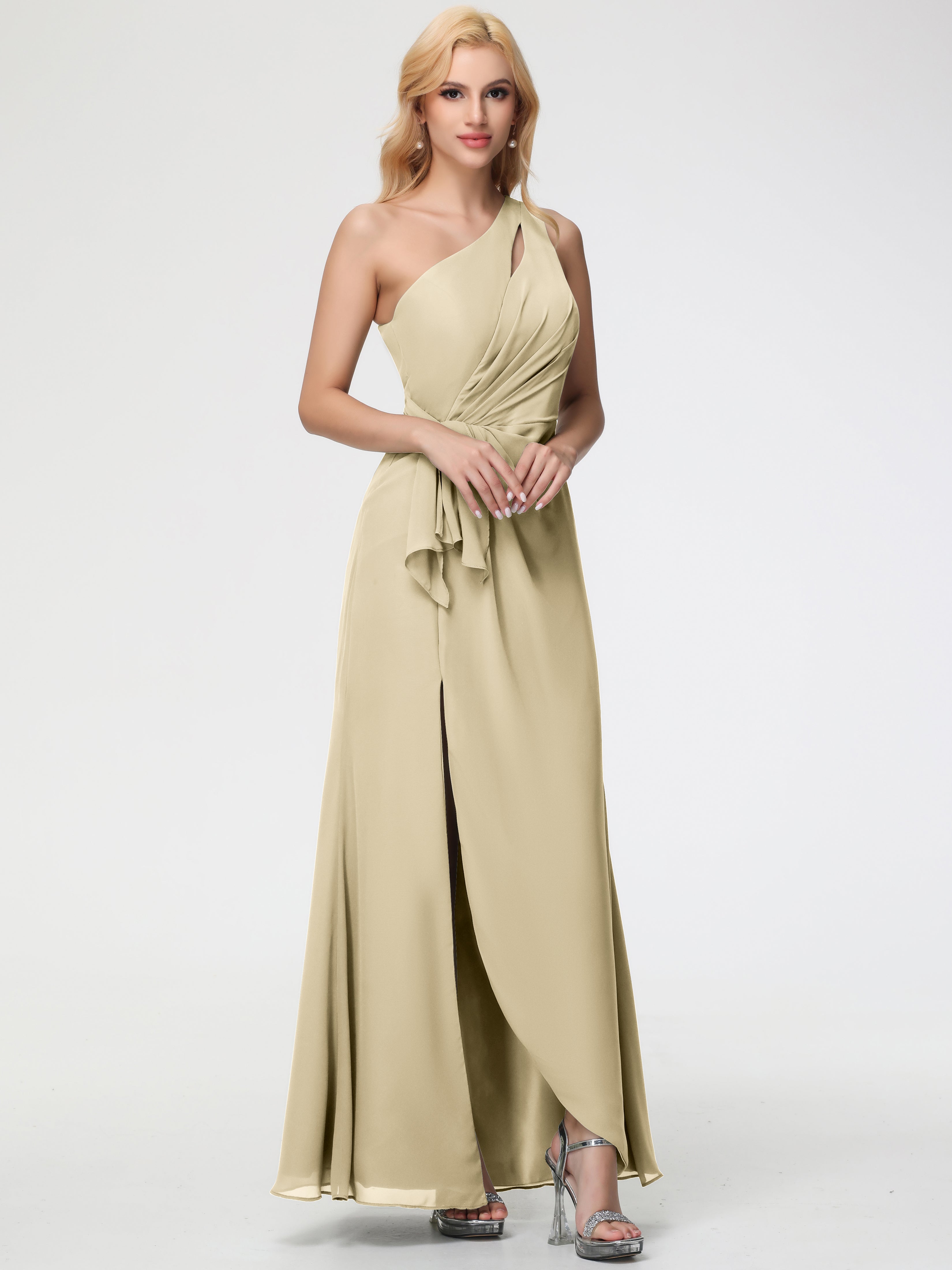 champagne bridesmaid dresses one shoulder Champagne One Shoulder A-line Satin Long Bridesmaid Dress with Slit Champagne / Custom Size
