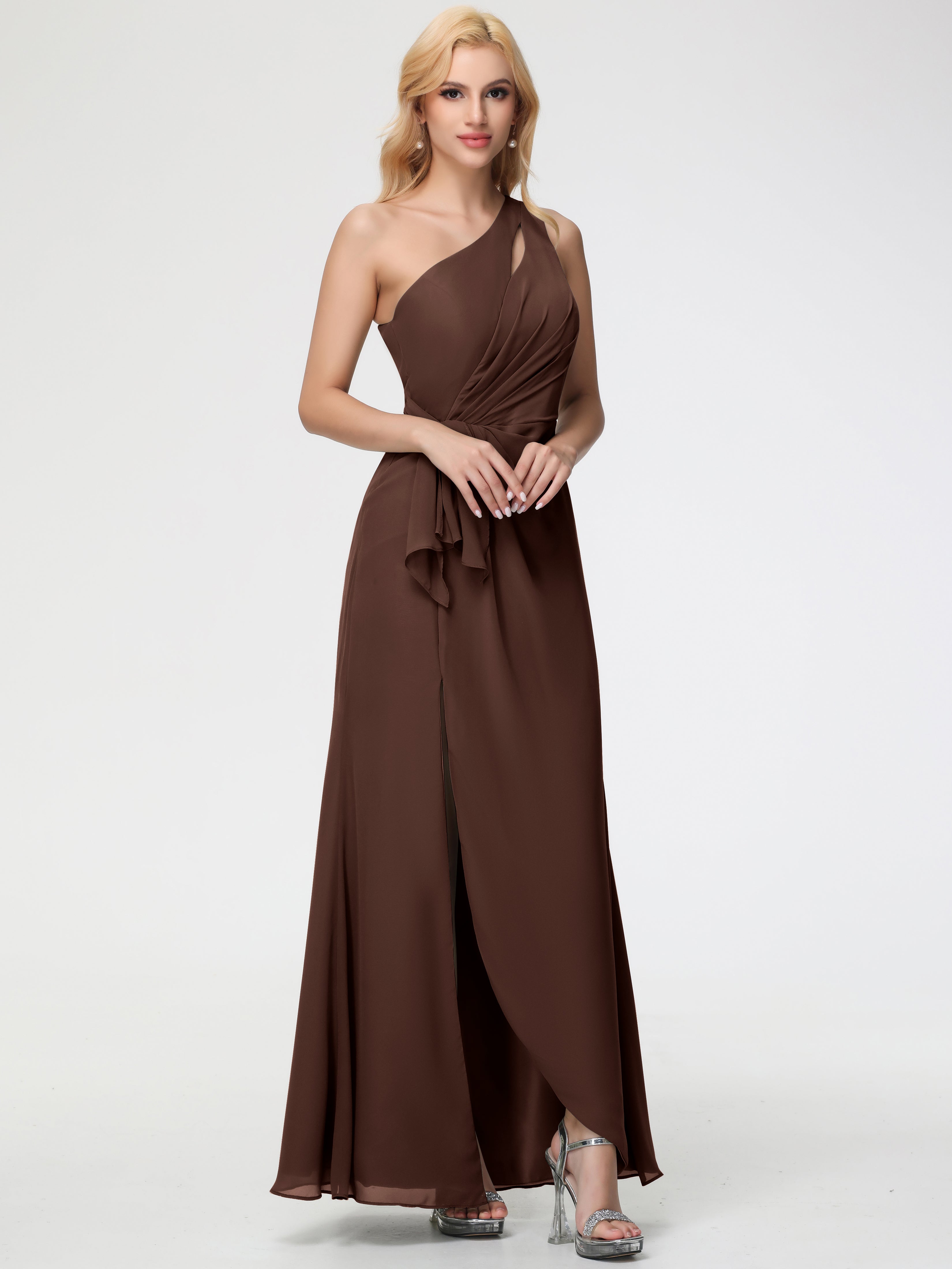 Chocolate Brown Bridesmaid Dresses One Shoulder Sheath/Column Ruched Chiffon Bridesmaid Dresses with Slit Chocolate Brown Bridesmaid Dresses One Shoulder Sheath/Column Ruched Chiffon Bridesmaid Dresses with Slit
