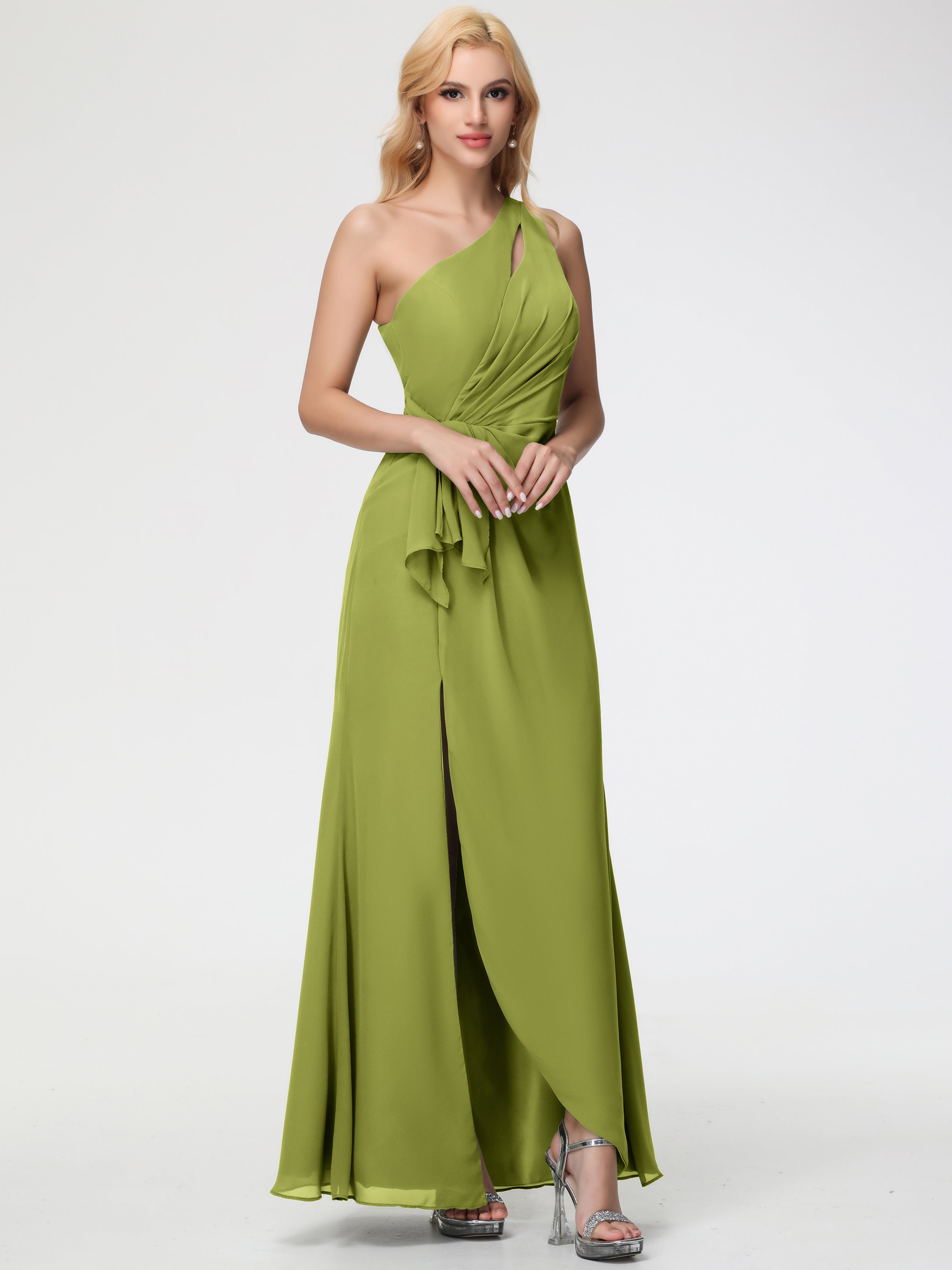 Clover Green Bridesmaid Dresses One Shoulder Sheath/Column Ruched Chiffon Bridesmaid Dresses with Slit Clover Green Bridesmaid Dresses One Shoulder Sheath/Column Ruched Chiffon Bridesmaid Dresses with Slit