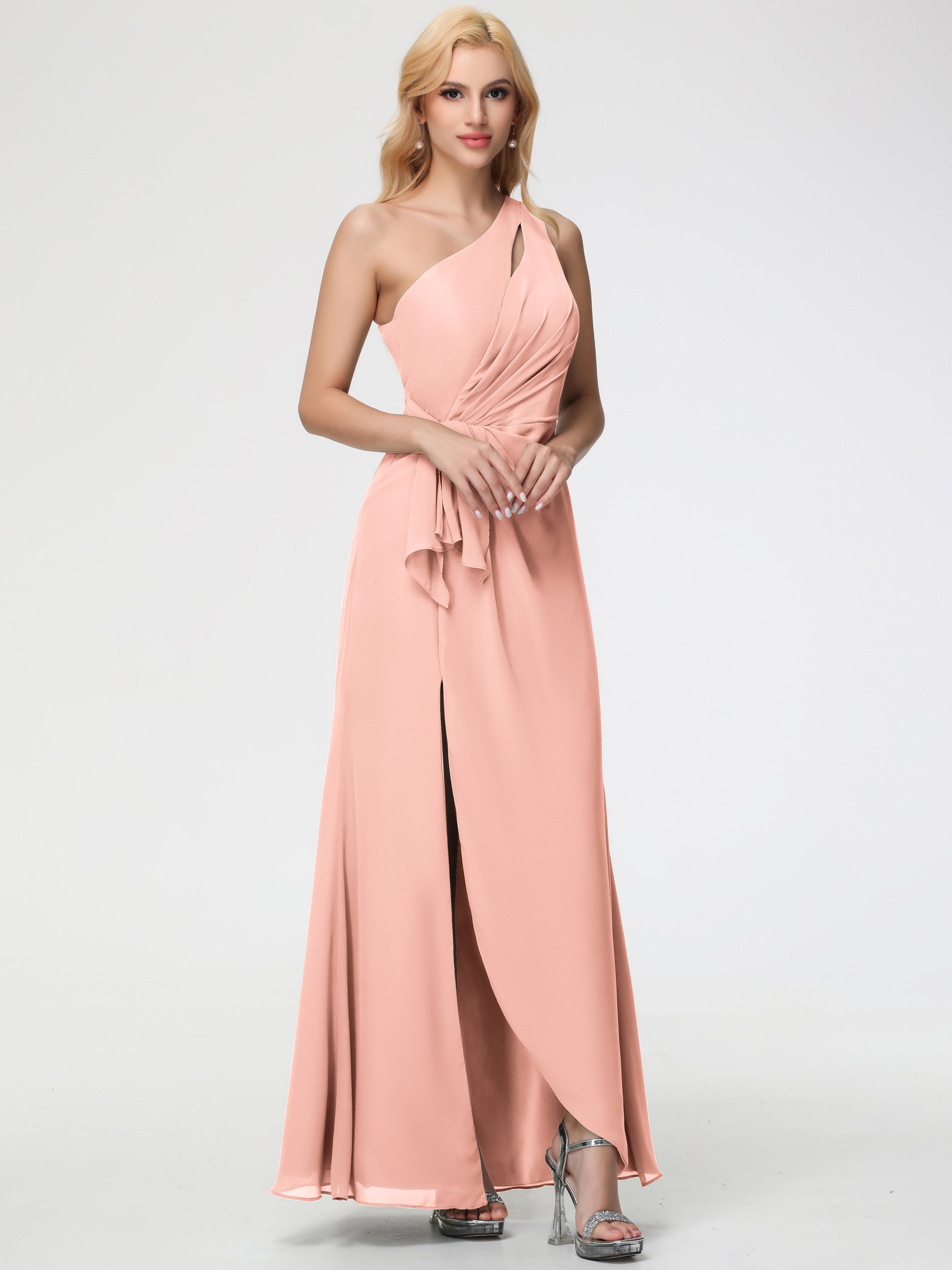 Coral Pink Bridesmaid Dresses One Shoulder Sheath/Column Ruched Chiffon Bridesmaid Dresses with Slit Coral Pink Bridesmaid Dresses One Shoulder Sheath/Column Ruched Chiffon Bridesmaid Dresses with Slit