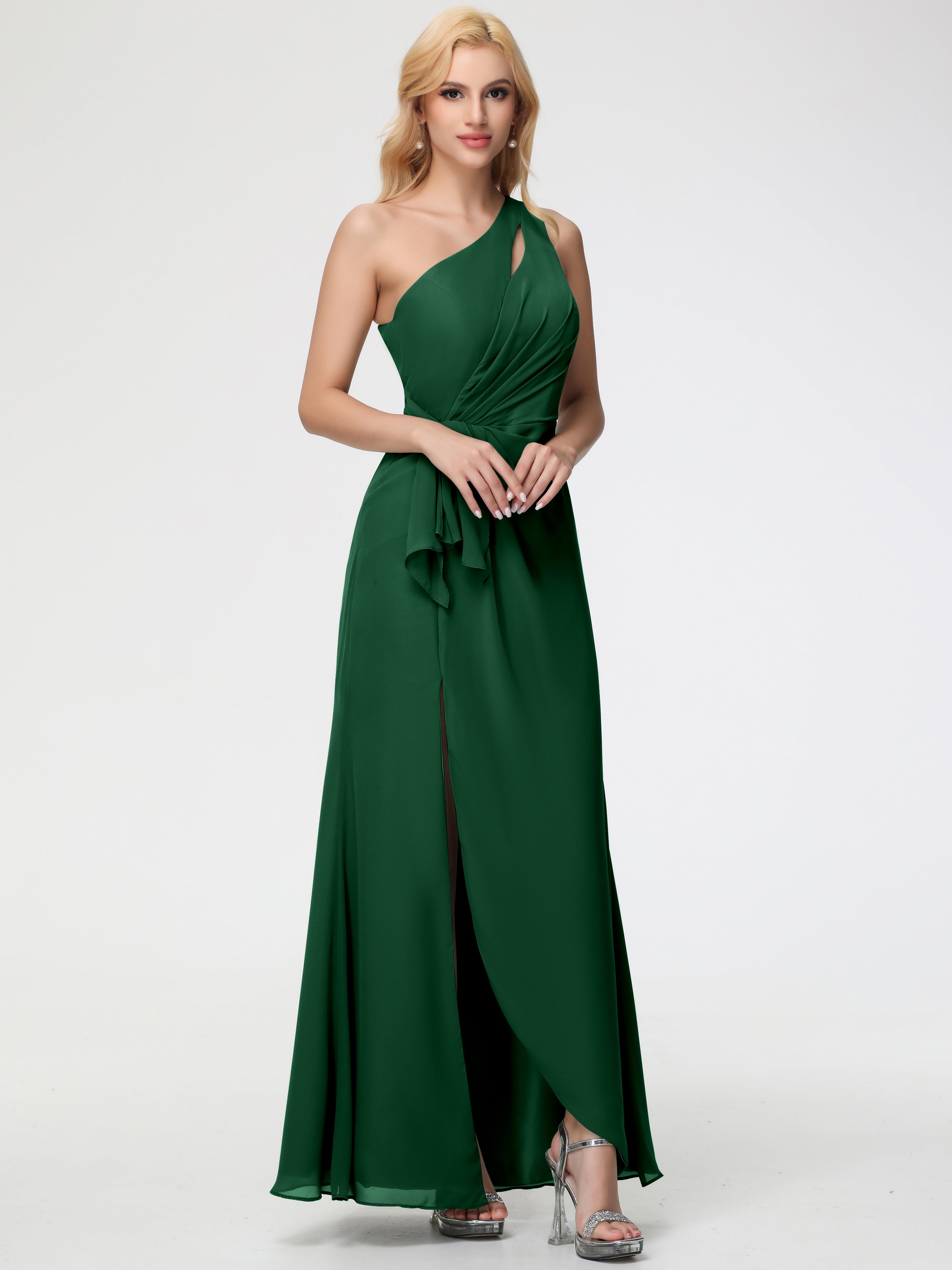 Bridesmaid Dress Dark Green One Shoulder Sheath/Column Ruched Chiffon Bridesmaid Dresses with Slit Bridesmaid Dress Dark Green One Shoulder Sheath/Column Ruched Chiffon Bridesmaid Dresses with Slit