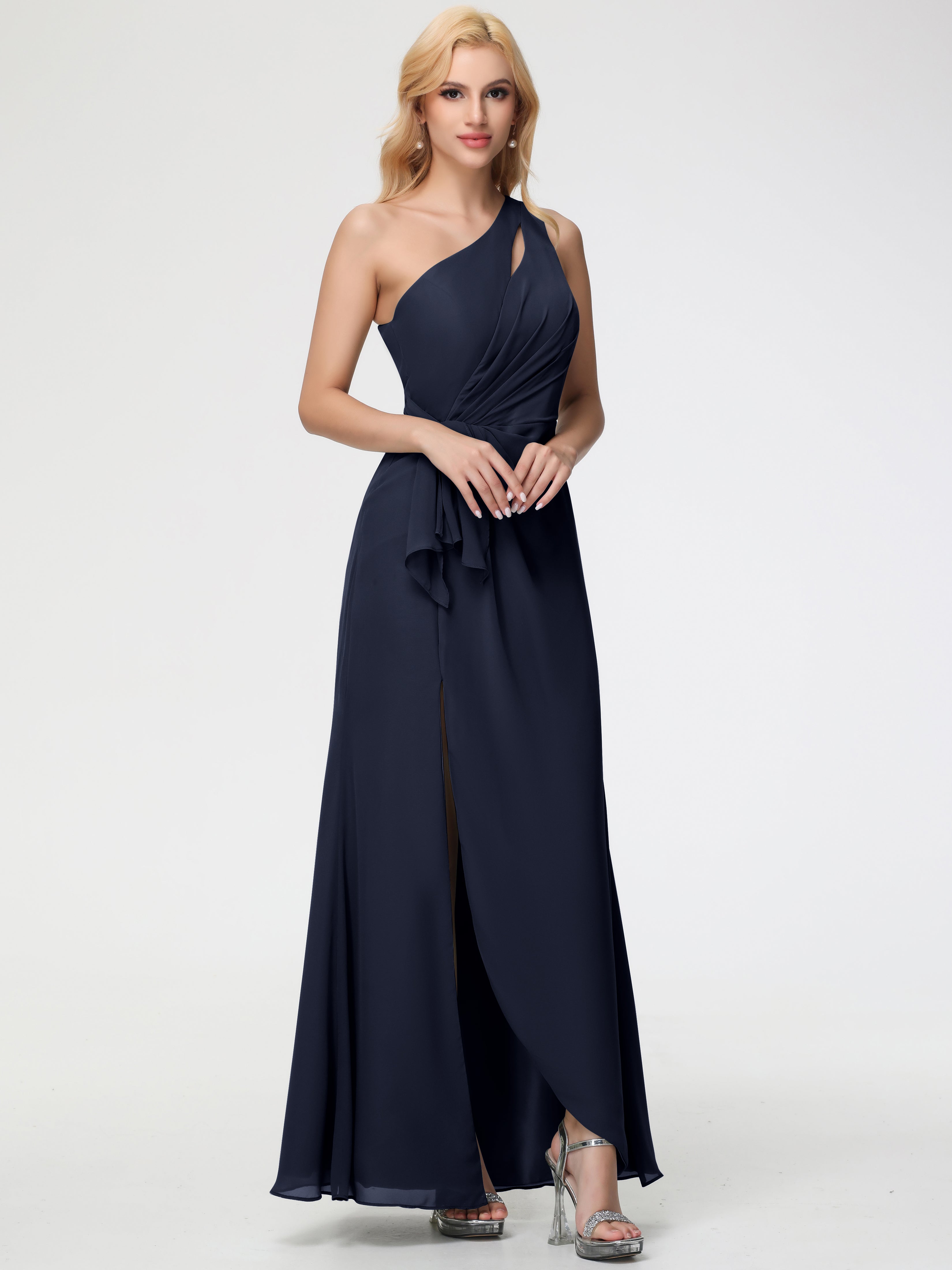 Dark Navy Blue Bridesmaid Dress One Shoulder Sheath/Column Ruched Chiffon Bridesmaid Dresses with Slit Dark Navy Blue Bridesmaid Dress One Shoulder Sheath/Column Ruched Chiffon Bridesmaid Dresses with Slit