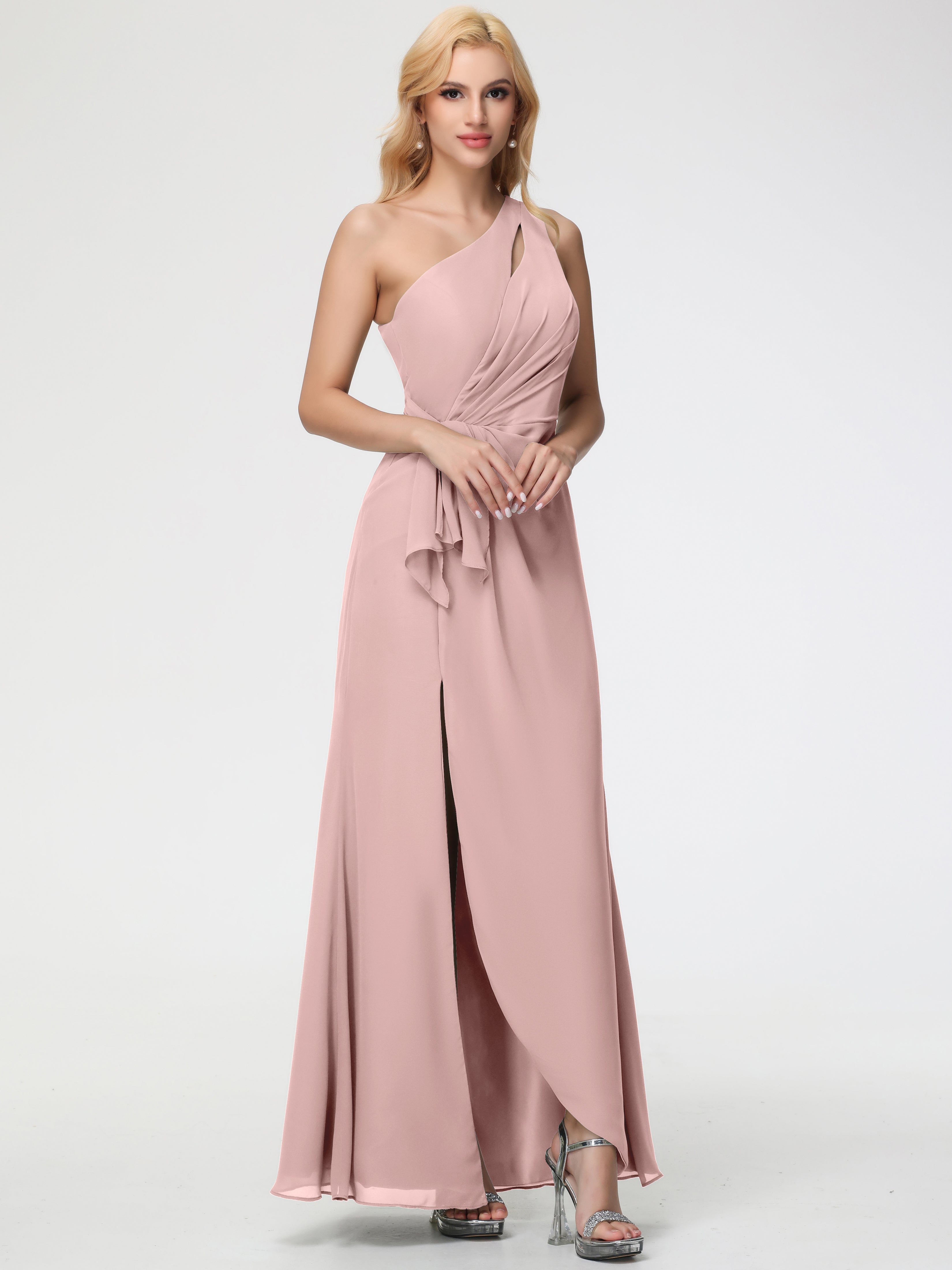 Dusty Rose Pink Bridesmaid Dresses One Shoulder Sheath/Column Ruched Chiffon Bridesmaid Dresses with Slit Dusty Rose Pink Bridesmaid Dresses One Shoulder Sheath/Column Ruched Chiffon Bridesmaid Dresses with Slit