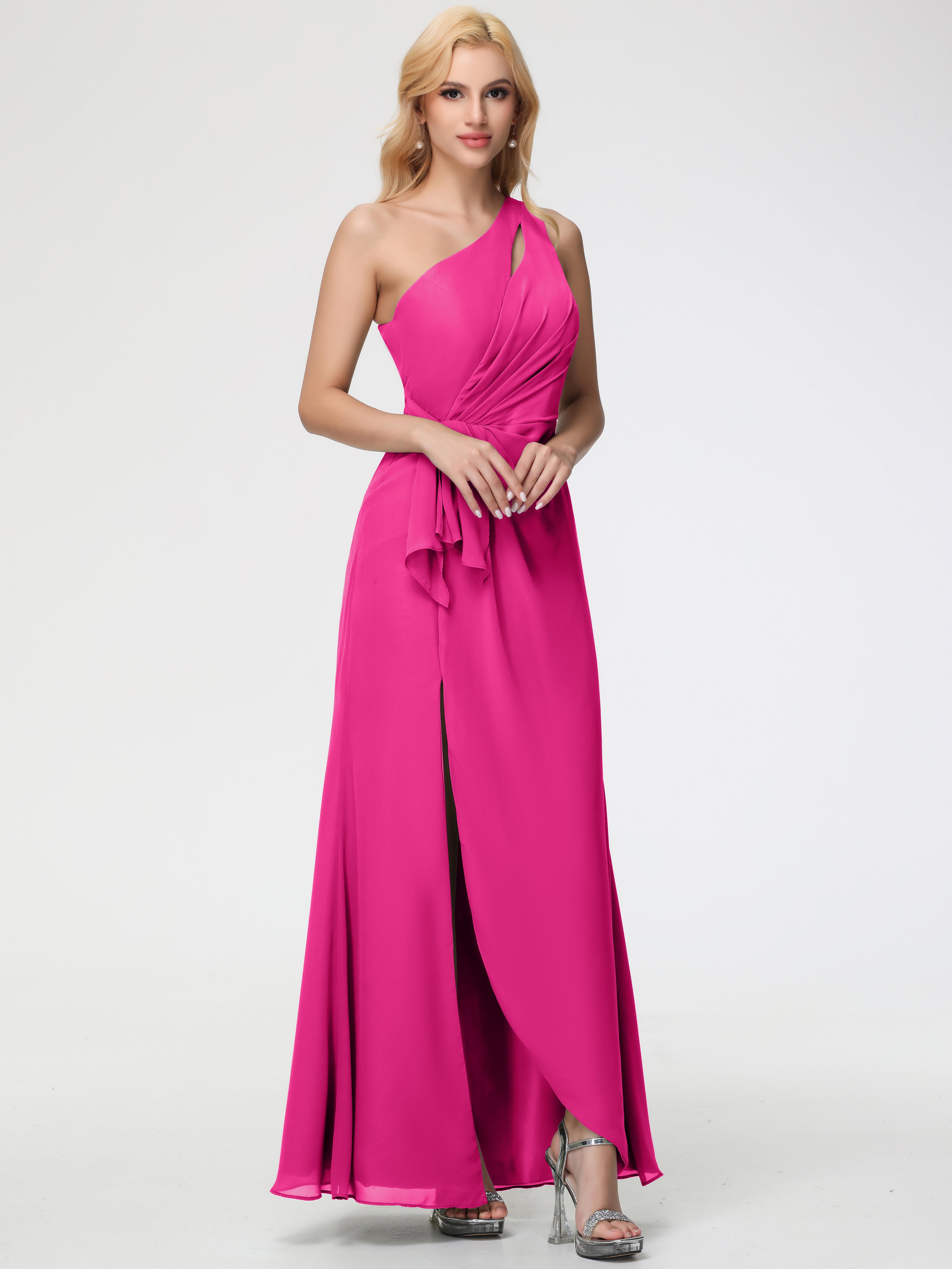 Fuchsia Bridesmaid Dresses One Shoulder Sheath/Column Ruched Chiffon Bridesmaid Dresses with Slit Fuchsia Bridesmaid Dresses One Shoulder Sheath/Column Ruched Chiffon Bridesmaid Dresses with Slit