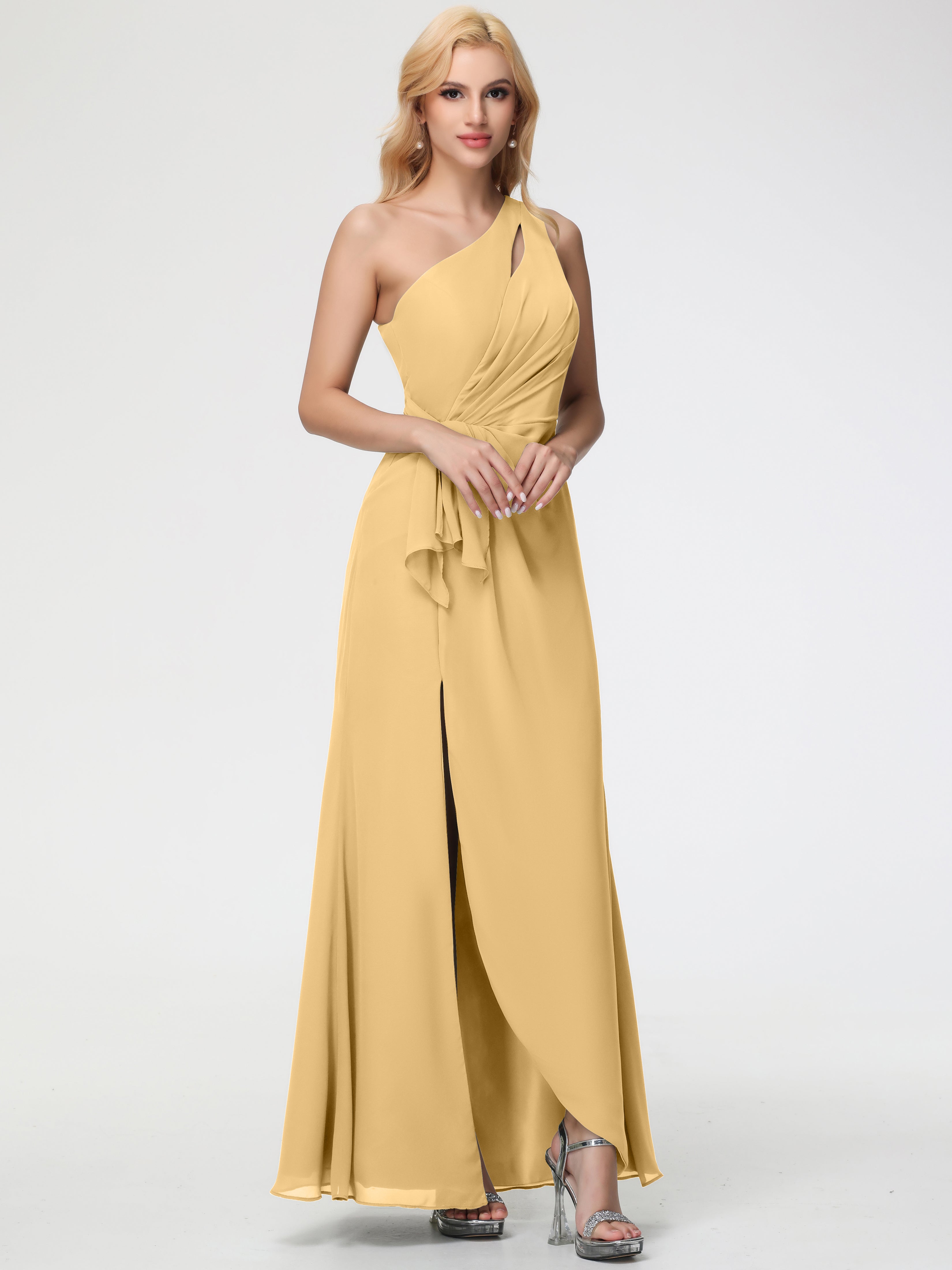 Yellow Gold Bridesmaid Dresses One Shoulder Sheath/Column Ruched Chiffon Bridesmaid Dresses with Slit Yellow Gold Bridesmaid Dresses One Shoulder Sheath/Column Ruched Chiffon Bridesmaid Dresses with Slit