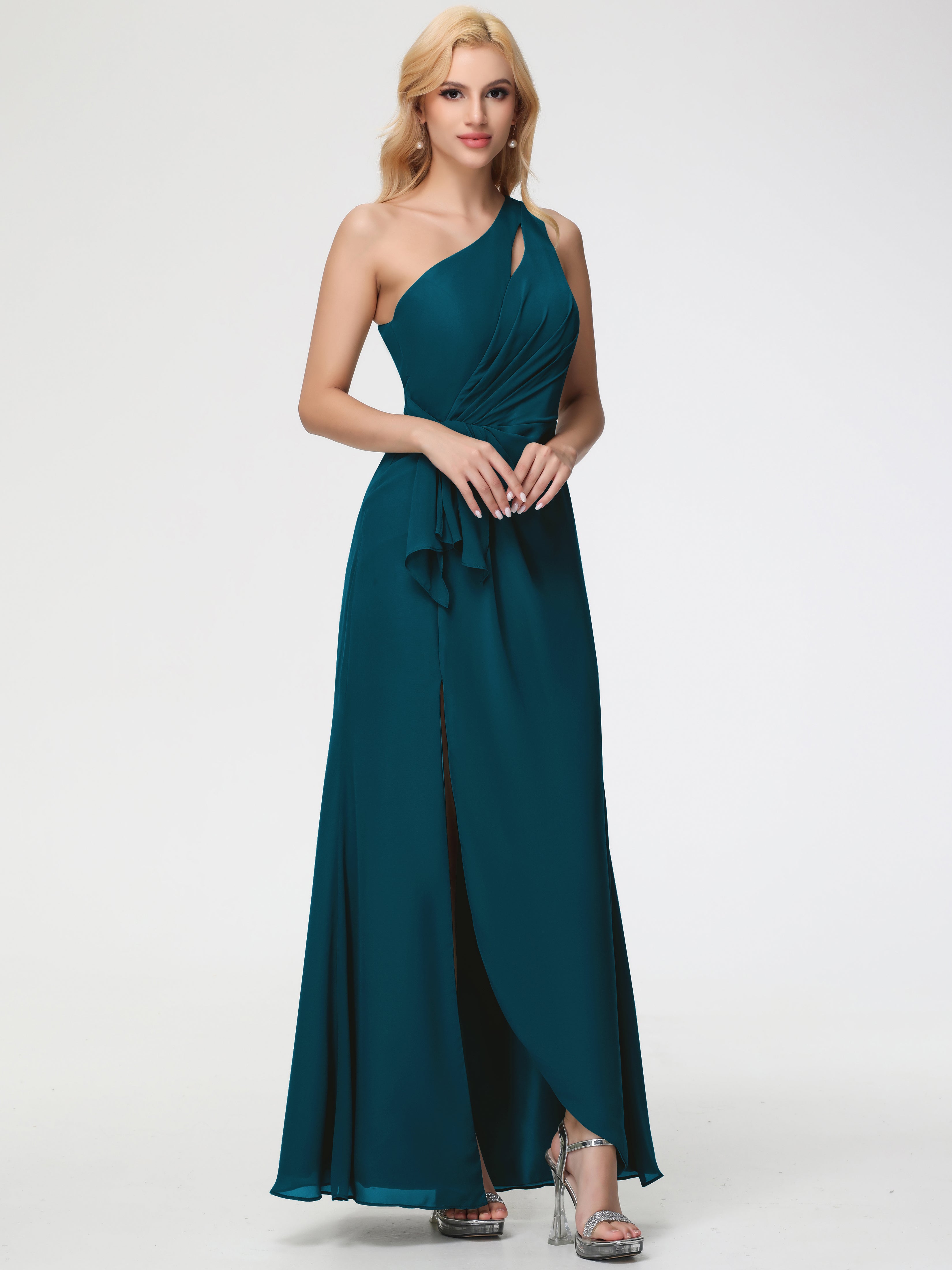 Ink Blue Bridesmaids One Shoulder Sheath/Column Ruched Chiffon Bridesmaid Dresses with Slit Ink Blue Bridesmaids One Shoulder Sheath/Column Ruched Chiffon Bridesmaid Dresses with Slit