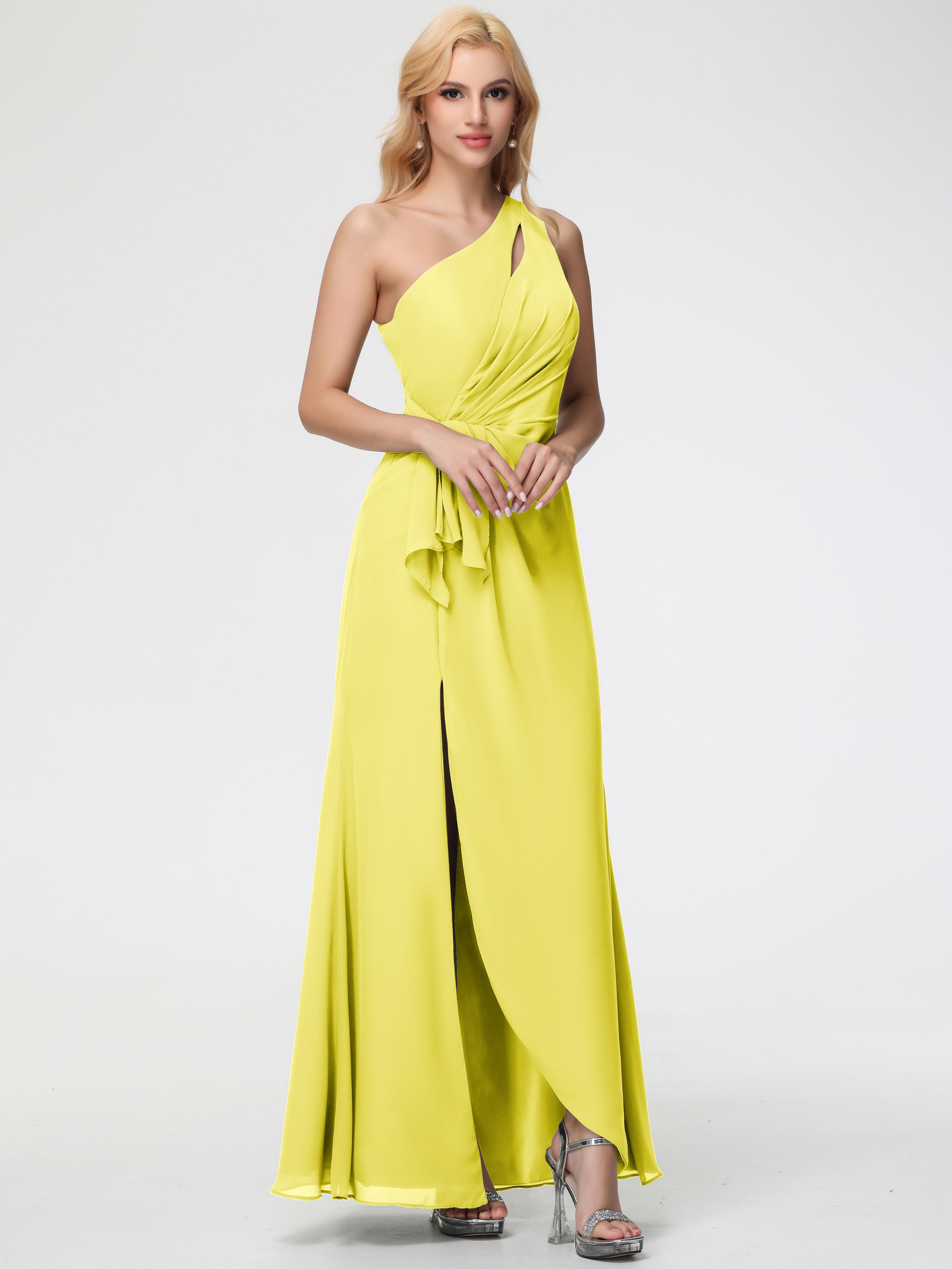 Lemon Bridesmaids Dresses One Shoulder Sheath/Column Ruched Chiffon Bridesmaid Dresses with Slit Lemon Bridesmaids Dresses One Shoulder Sheath/Column Ruched Chiffon Bridesmaid Dresses with Slit