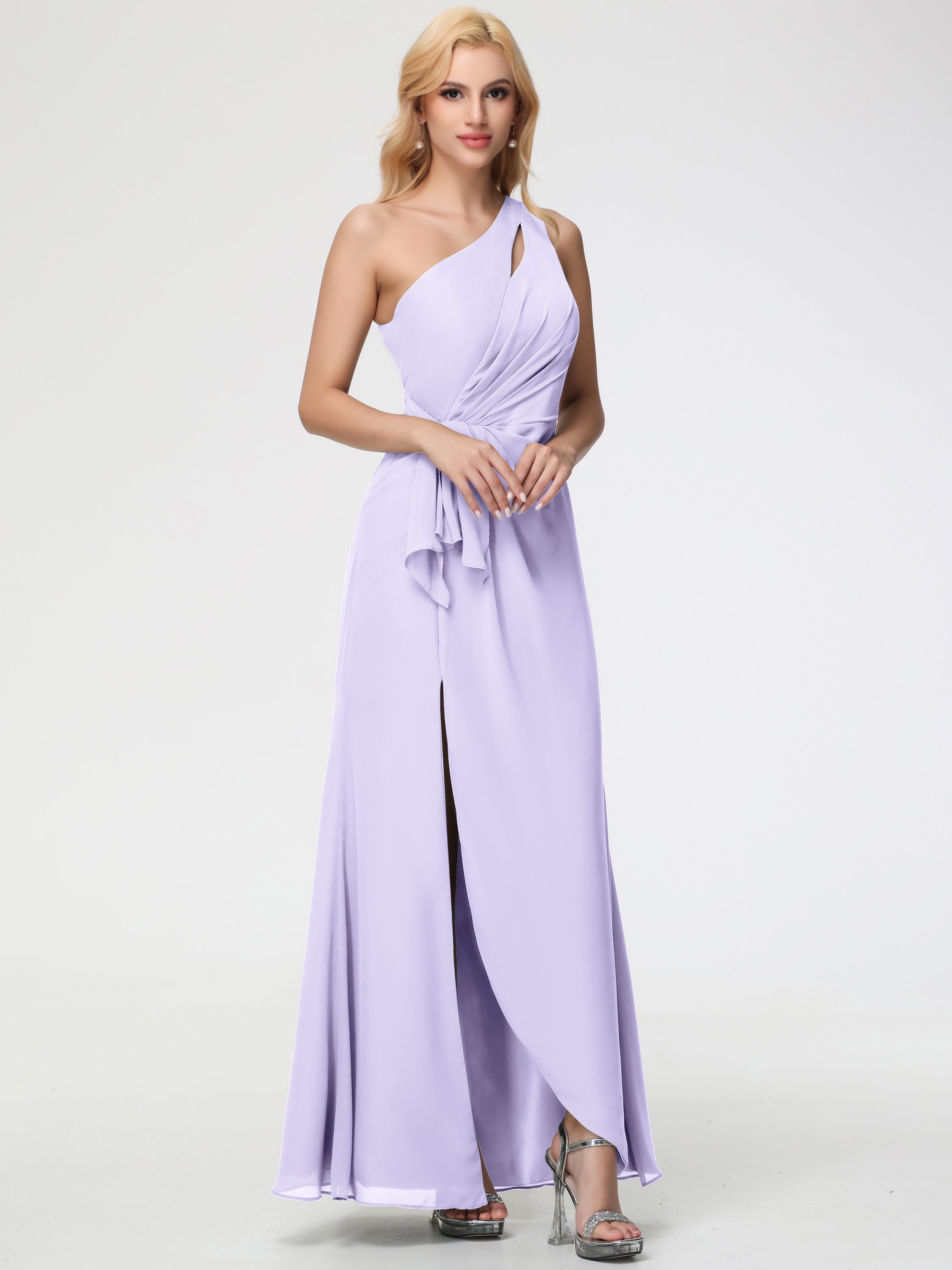 Girls Lilac Bridesmaid Dresses One Shoulder Sheath/Column Ruched Chiffon Bridesmaid Dresses with Slit Girls Lilac Bridesmaid Dresses One Shoulder Sheath/Column Ruched Chiffon Bridesmaid Dresses with Slit