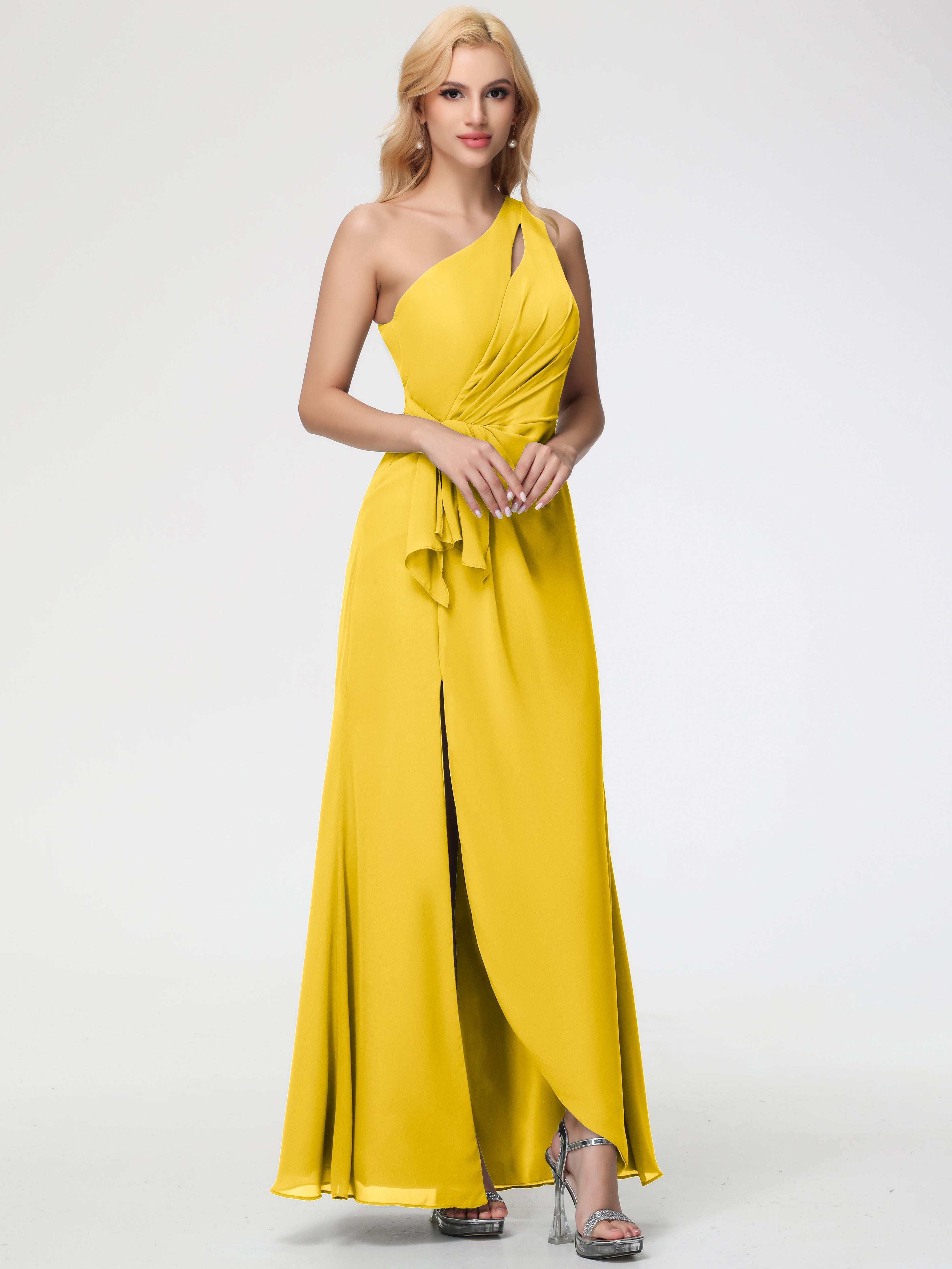 Bridesmaid Dresses Marigold One Shoulder Sheath/Column Ruched Chiffon Bridesmaid Dresses with Slit Bridesmaid Dresses Marigold One Shoulder Sheath/Column Ruched Chiffon Bridesmaid Dresses with Slit