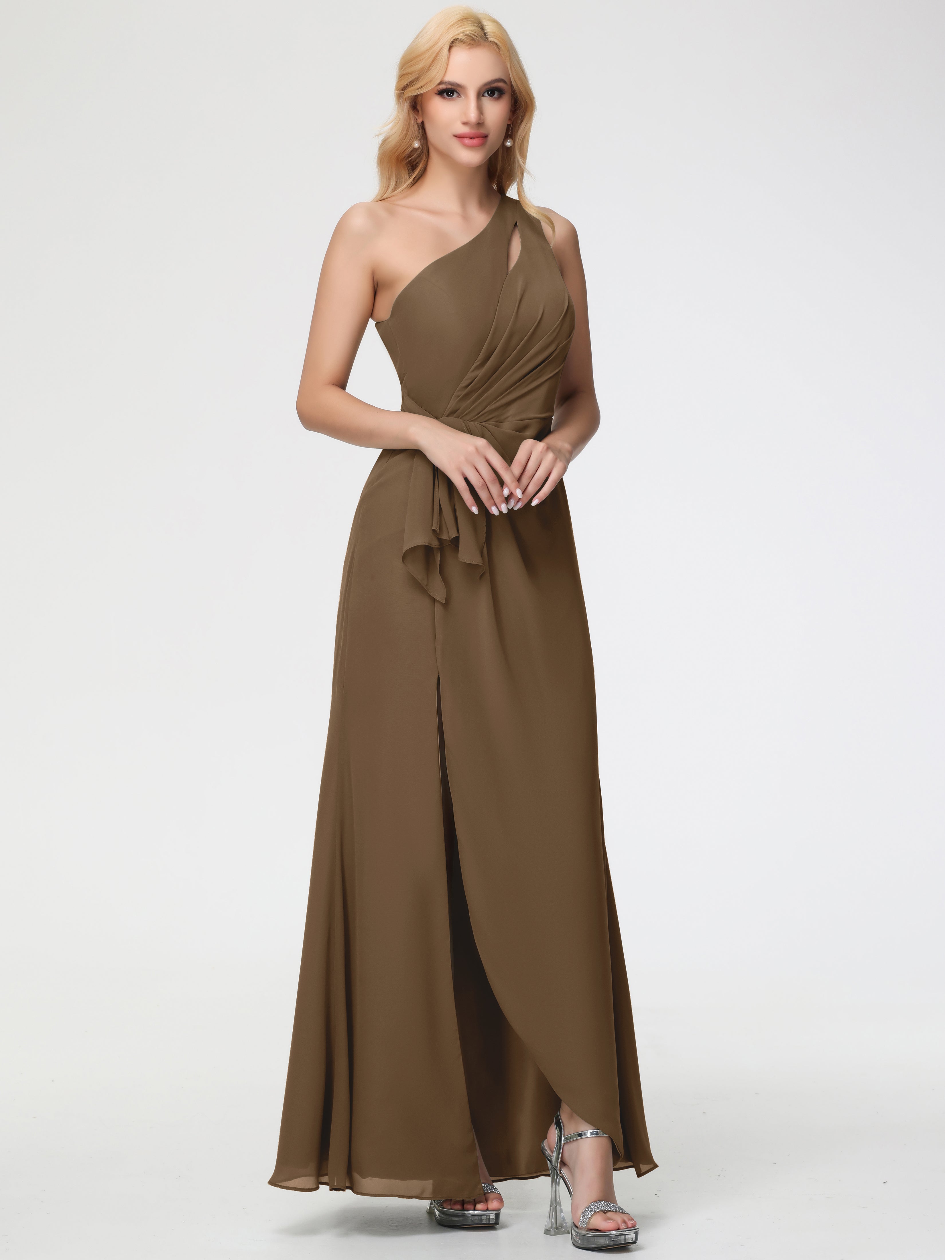 Mocha Bridesmaids Dresses One Shoulder Sheath/Column Ruched Chiffon Bridesmaid Dresses with Slit
