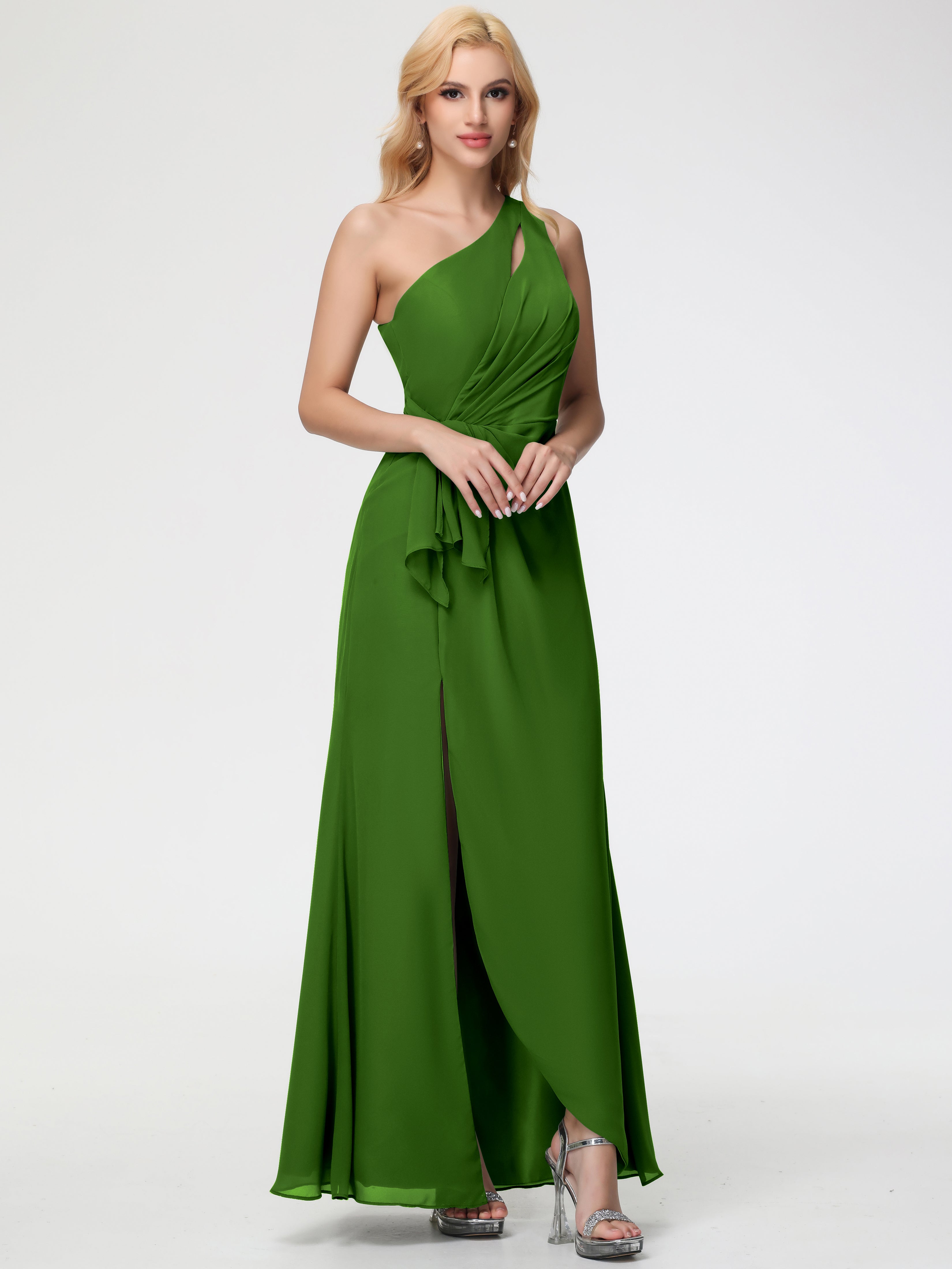 Moss Green Bridesmaid One Shoulder Sheath/Column Ruched Chiffon Bridesmaid Dresses with Slit Moss Green Bridesmaid One Shoulder Sheath/Column Ruched Chiffon Bridesmaid Dresses with Slit