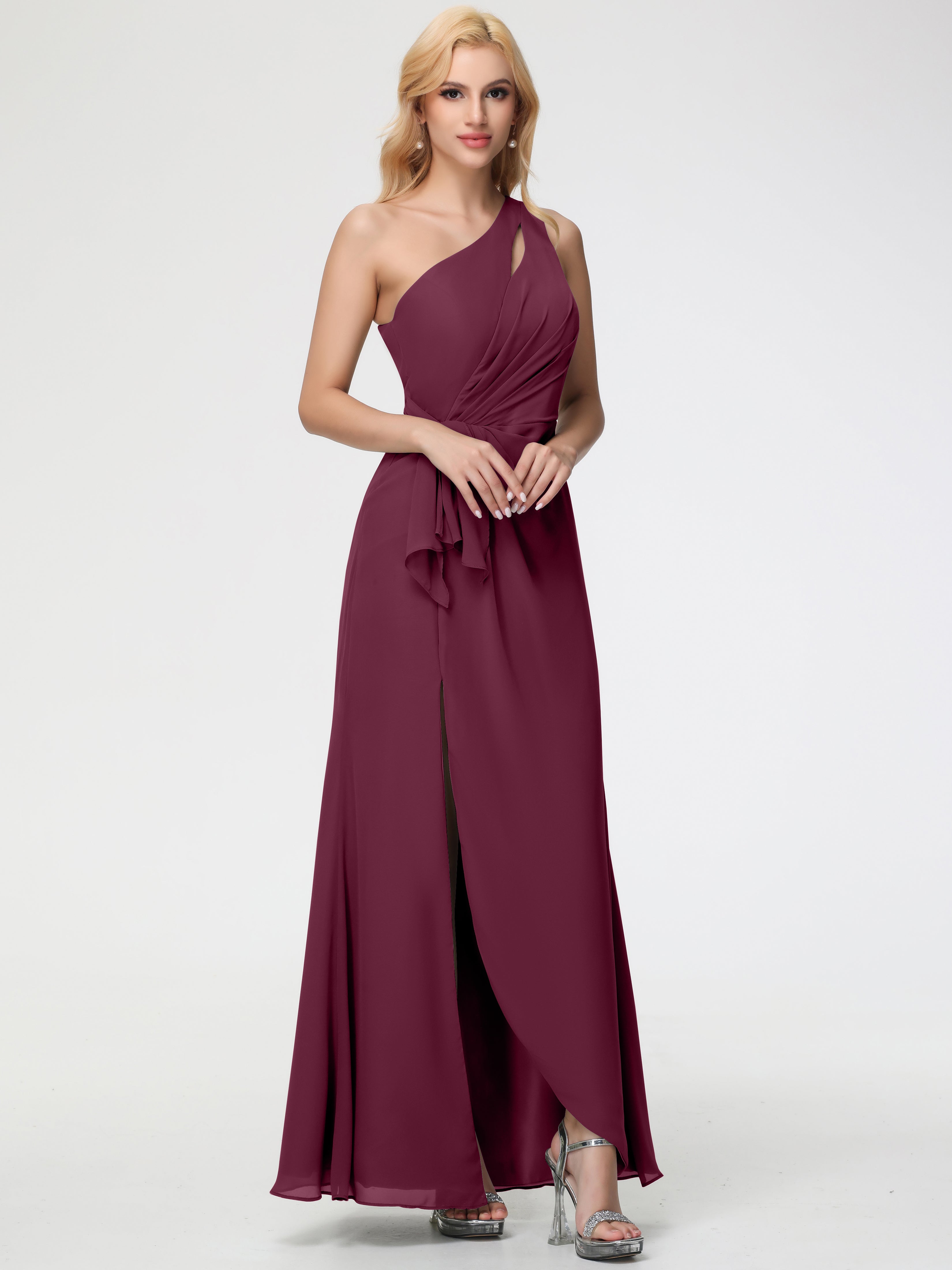 Mulberry Bridesmaid One Shoulder Sheath/Column Ruched Chiffon Bridesmaid Dresses with Slit Mulberry Bridesmaid One Shoulder Sheath/Column Ruched Chiffon Bridesmaid Dresses with Slit