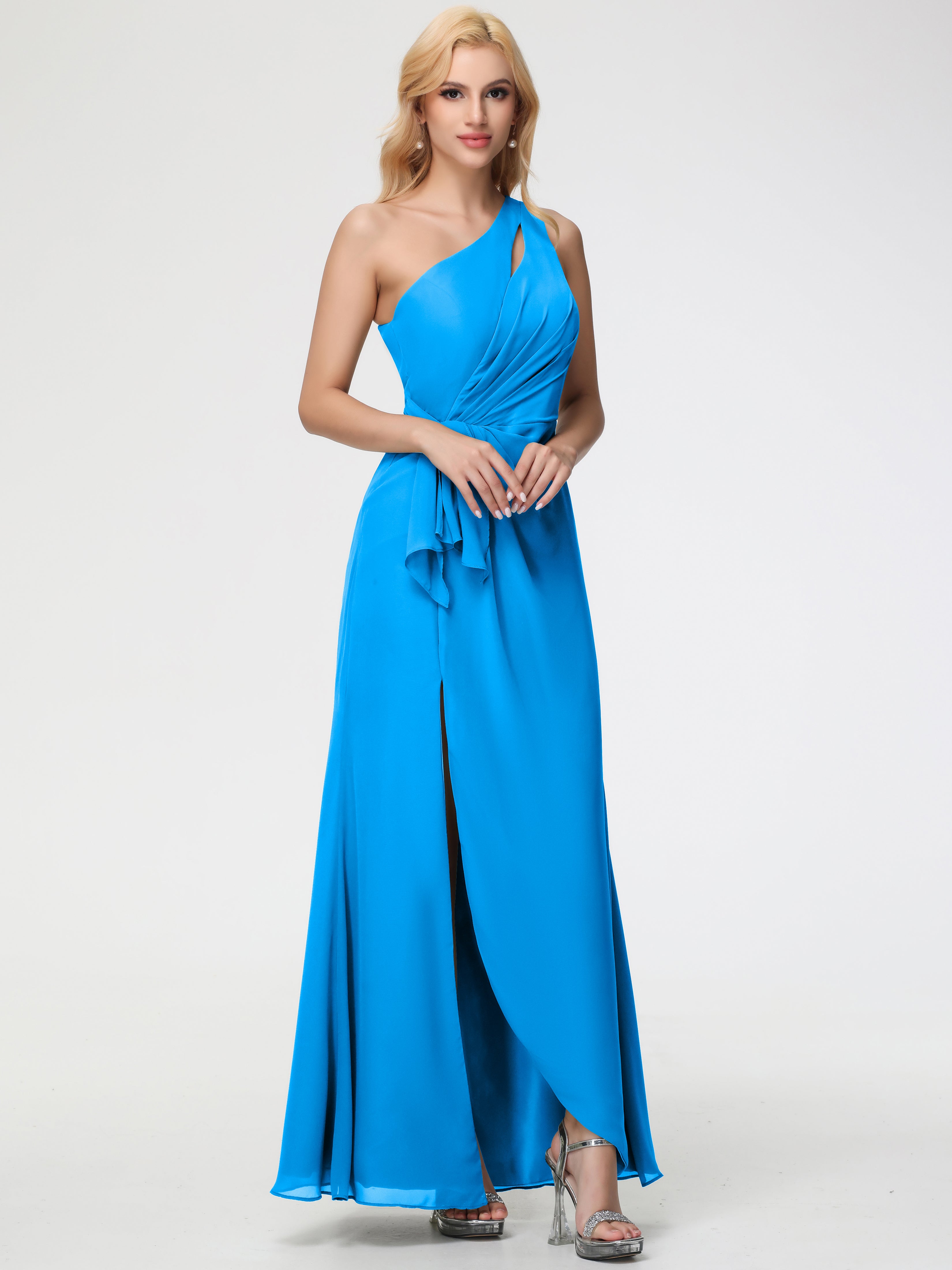 Bridesmaid Dresses Ocean Blue One Shoulder Sheath/Column Ruched Chiffon Bridesmaid Dresses with Slit Bridesmaid Dresses Ocean Blue One Shoulder Sheath/Column Ruched Chiffon Bridesmaid Dresses with Slit