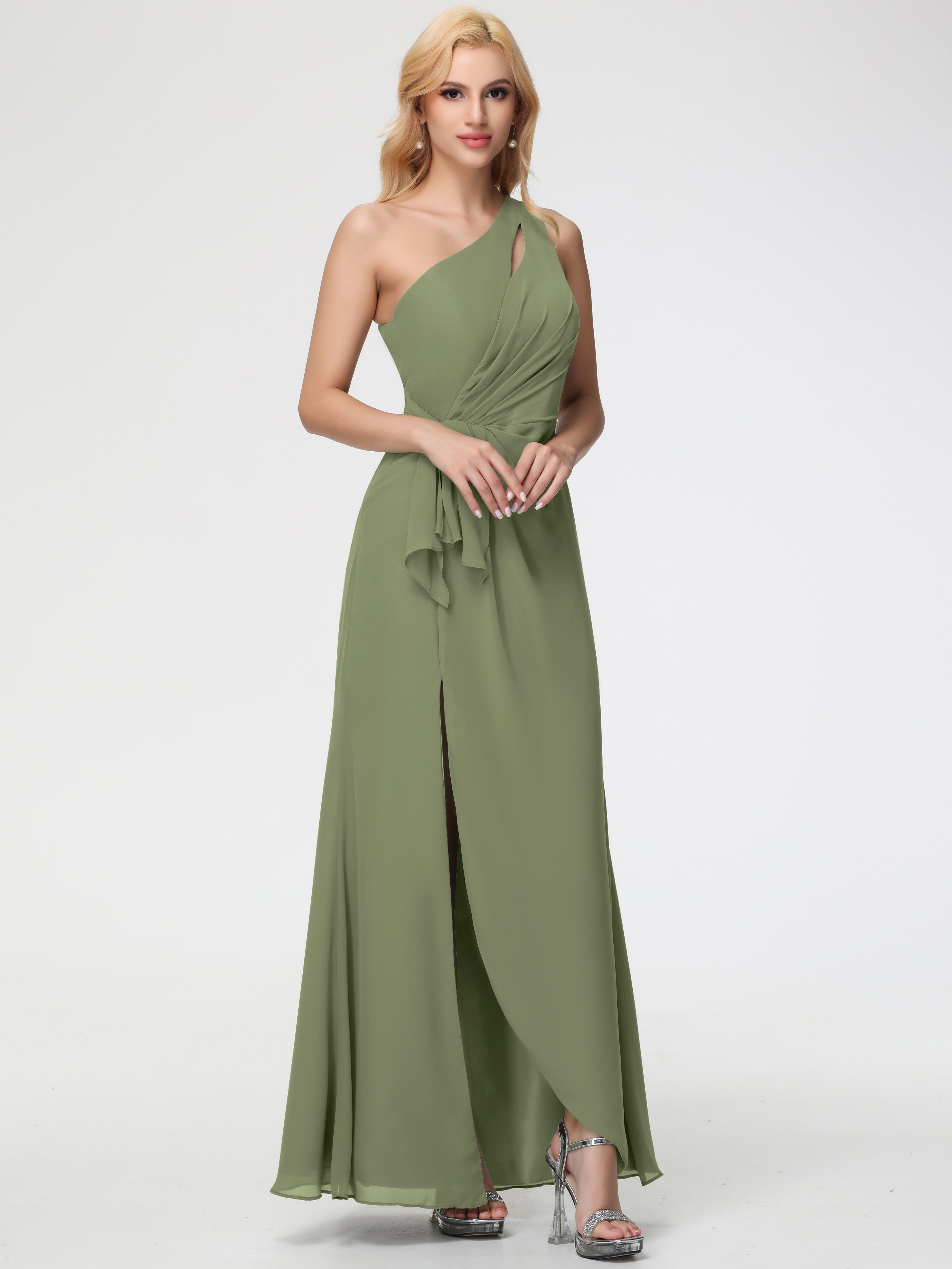 Bridesmaid Dress Olive Green One Shoulder Sheath/Column Ruched Chiffon Bridesmaid Dresses with Slit Bridesmaid Dress Olive Green One Shoulder Sheath/Column Ruched Chiffon Bridesmaid Dresses with Slit