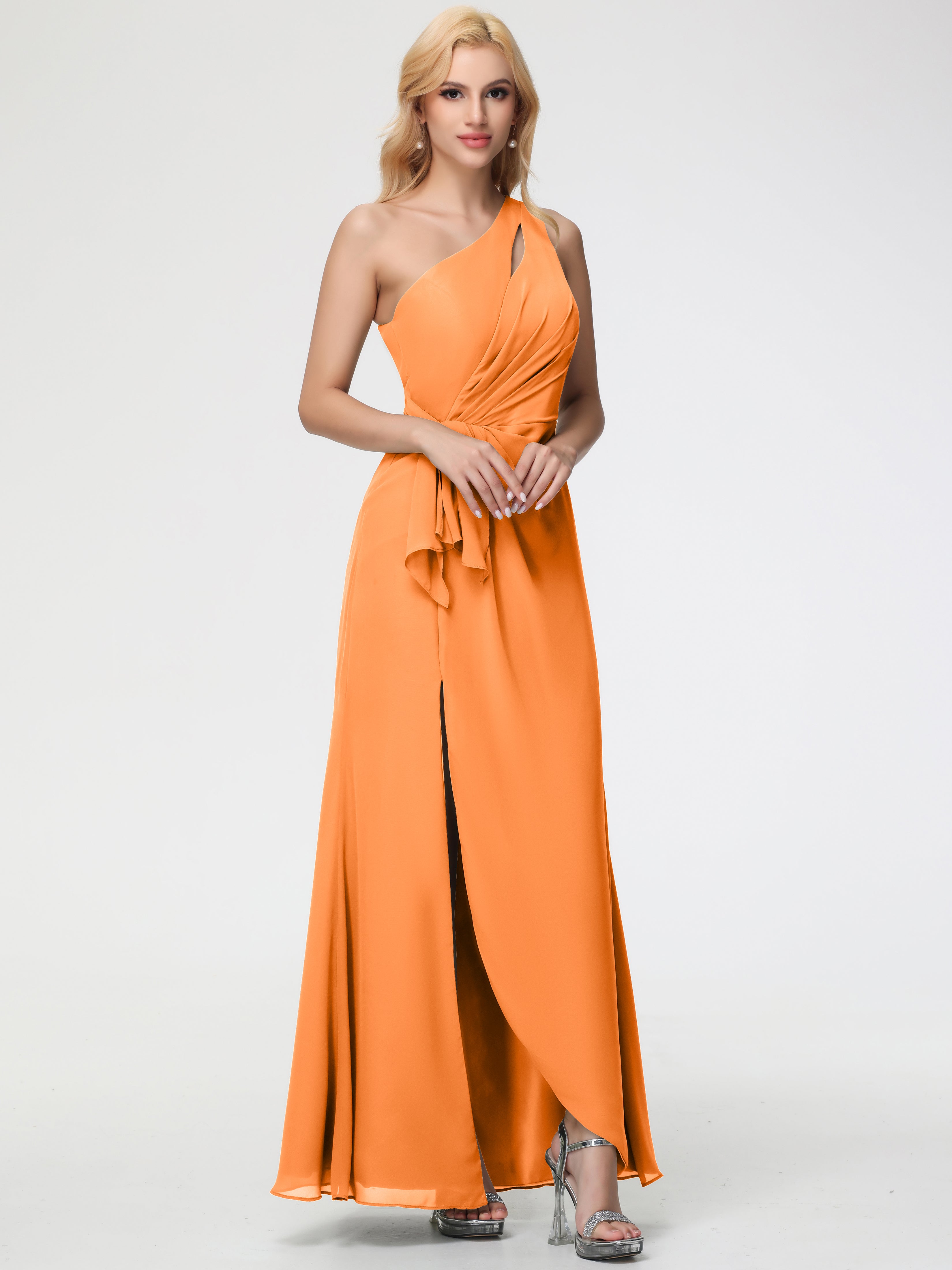 Orange Bridesmaid One Shoulder Sheath/Column Ruched Chiffon Bridesmaid Dresses with Slit Orange Bridesmaid One Shoulder Sheath/Column Ruched Chiffon Bridesmaid Dresses with Slit