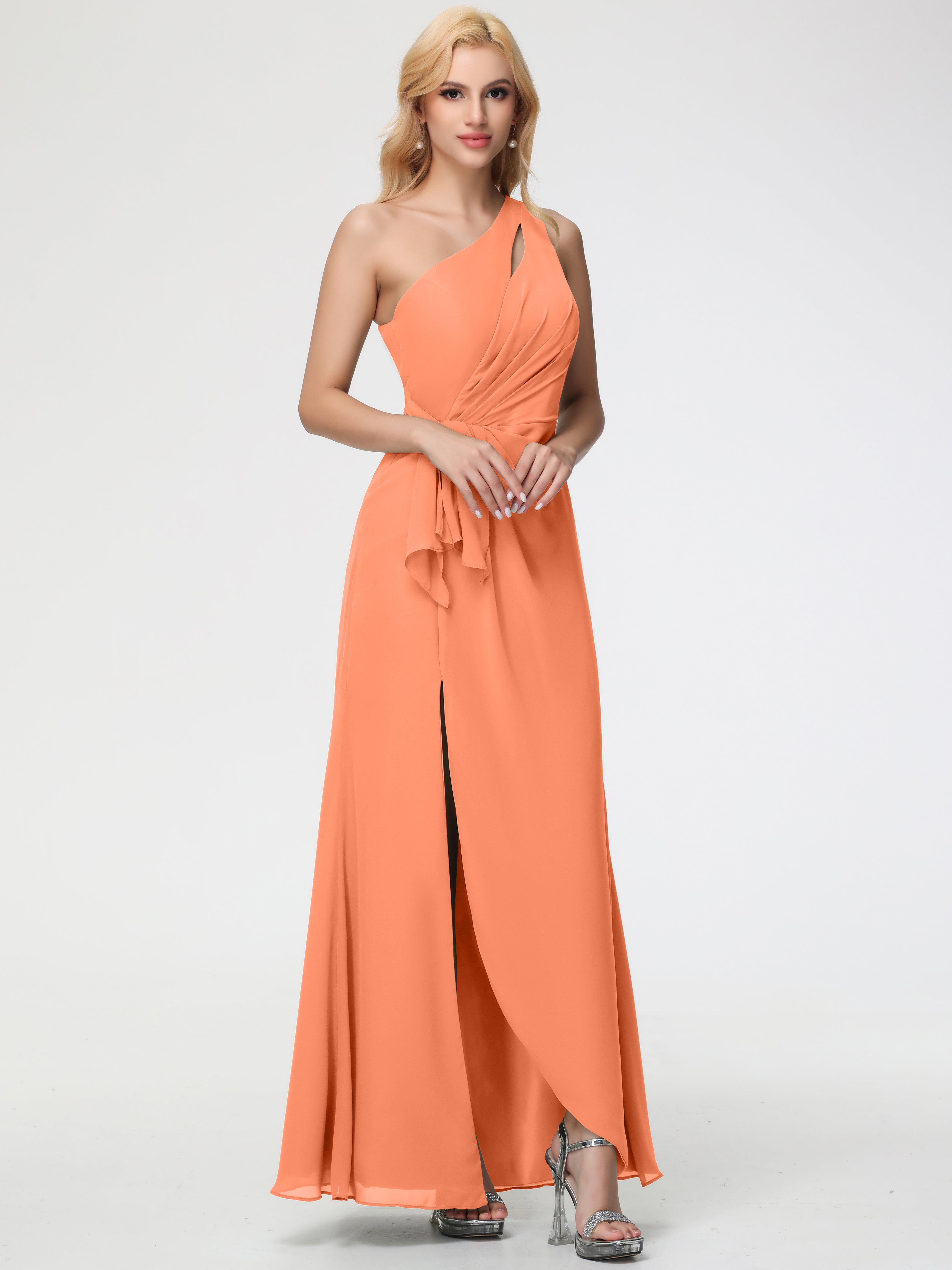 Papaya Bridesmaid Dress One Shoulder Sheath/Column Ruched Chiffon Bridesmaid Dresses with Slit Papaya Bridesmaid Dress One Shoulder Sheath/Column Ruched Chiffon Bridesmaid Dresses with Slit