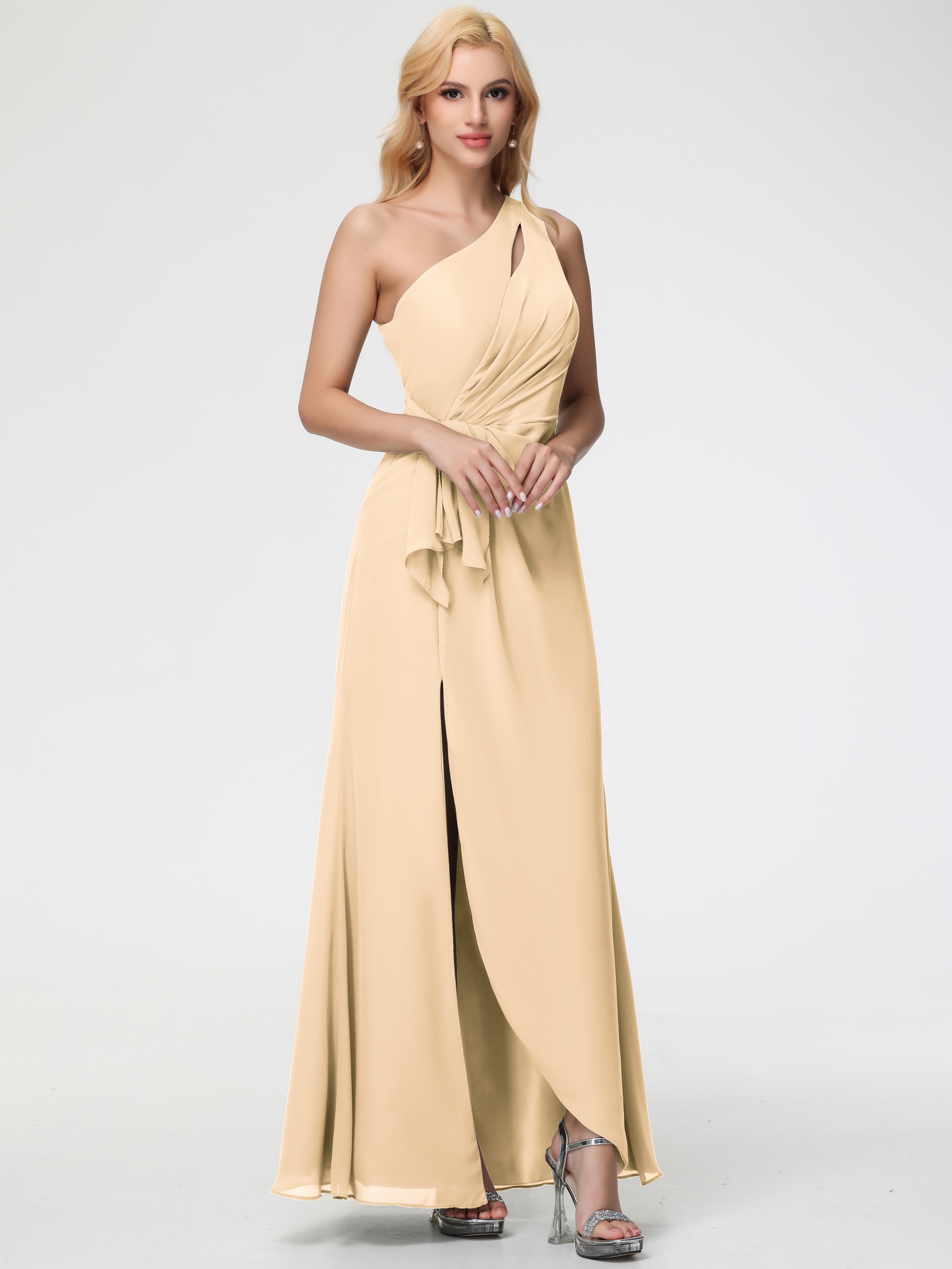 Bridesmaid Dresses Peach One Shoulder Sheath/Column Ruched Chiffon Bridesmaid Dresses with Slit Bridesmaid Dresses Peach One Shoulder Sheath/Column Ruched Chiffon Bridesmaid Dresses with Slit