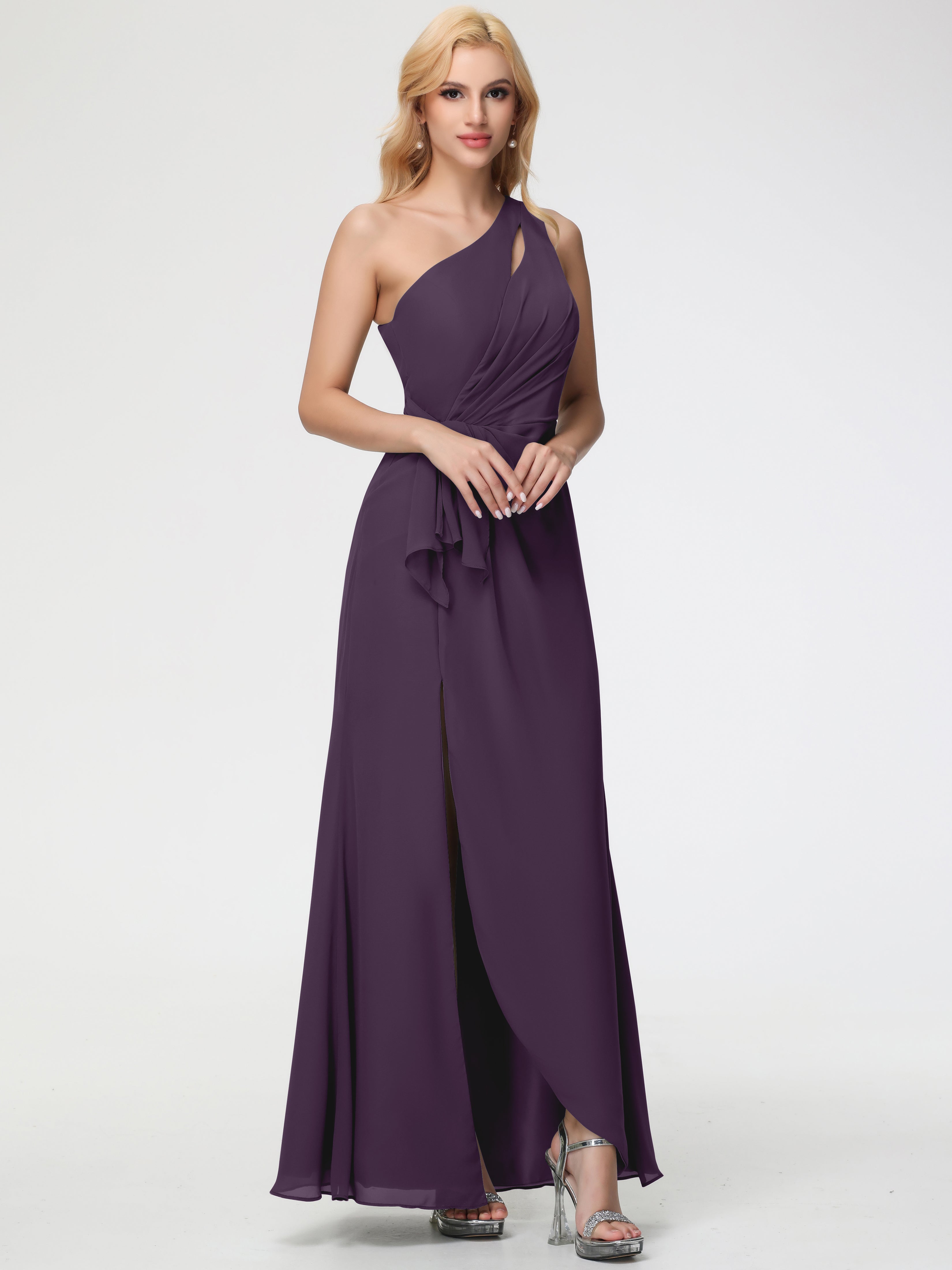 Plum Colour Bridesmaid Dresses One Shoulder Sheath/Column Ruched Chiffon Bridesmaid Dresses with Slit Plum Colour Bridesmaid Dresses One Shoulder Sheath/Column Ruched Chiffon Bridesmaid Dresses with Slit