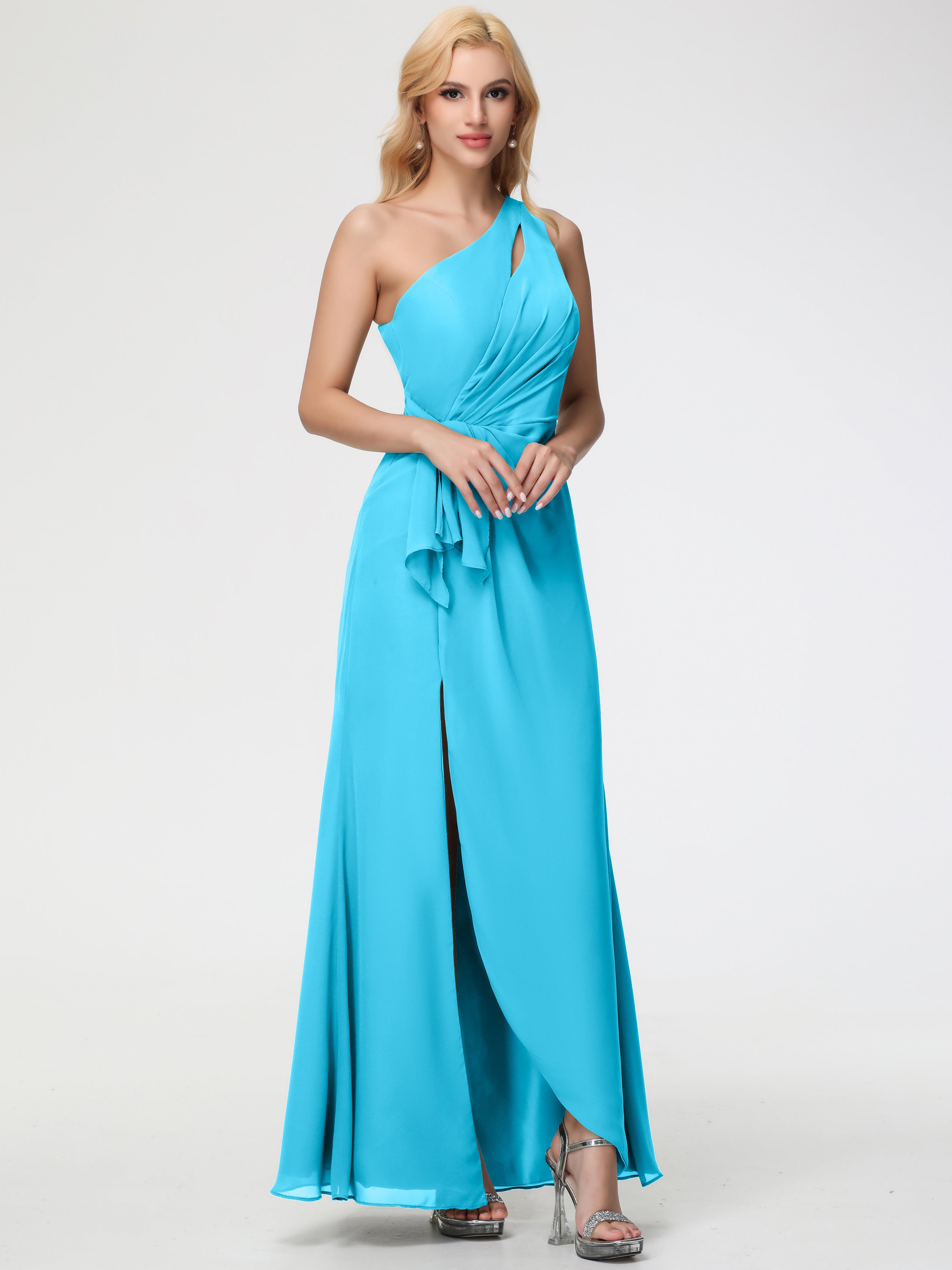 Pool Bridesmaid Dresses One Shoulder Sheath/Column Ruched Chiffon Bridesmaid Dresses with Slit Pool Bridesmaid Dresses One Shoulder Sheath/Column Ruched Chiffon Bridesmaid Dresses with Slit