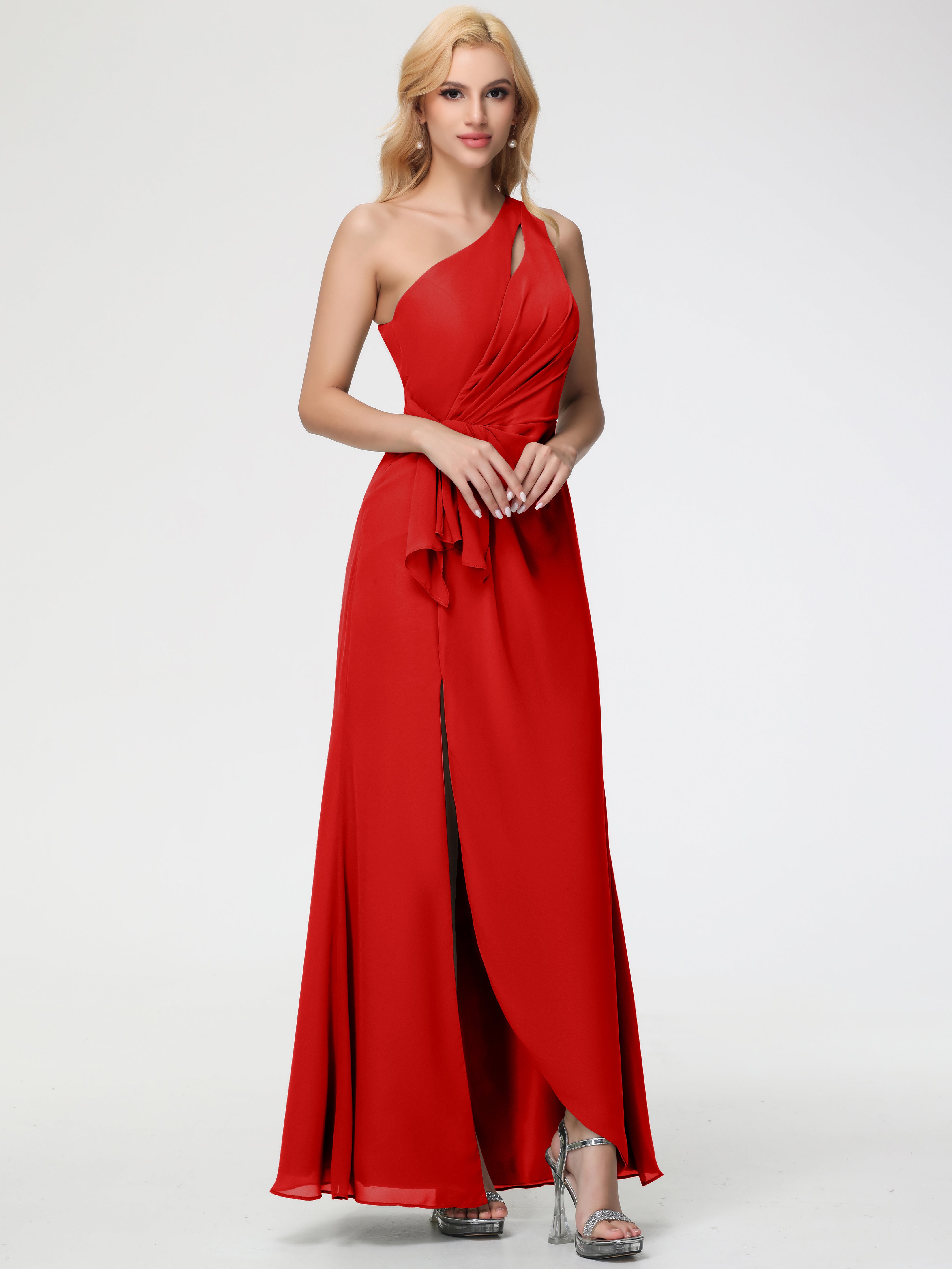 Bright Red Bridesmaid Dresses One Shoulder Sheath/Column Ruched Chiffon Bridesmaid Dresses with Slit Bright Red Bridesmaid Dresses One Shoulder Sheath/Column Ruched Chiffon Bridesmaid Dresses with Slit
