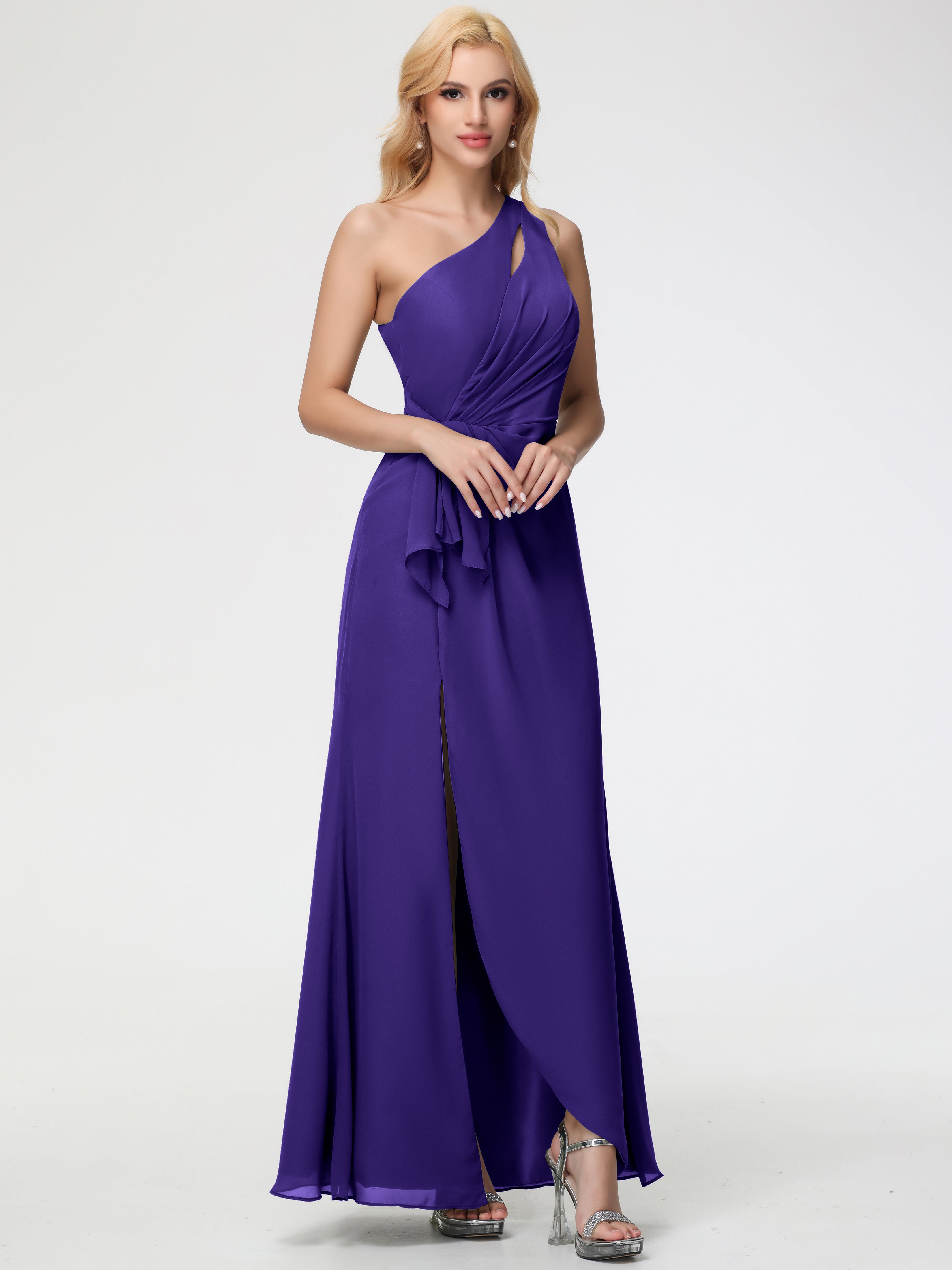 Bridesmaid Dresses Regency Purple One Shoulder Sheath/Column Ruched Chiffon Bridesmaid Dresses with Slit