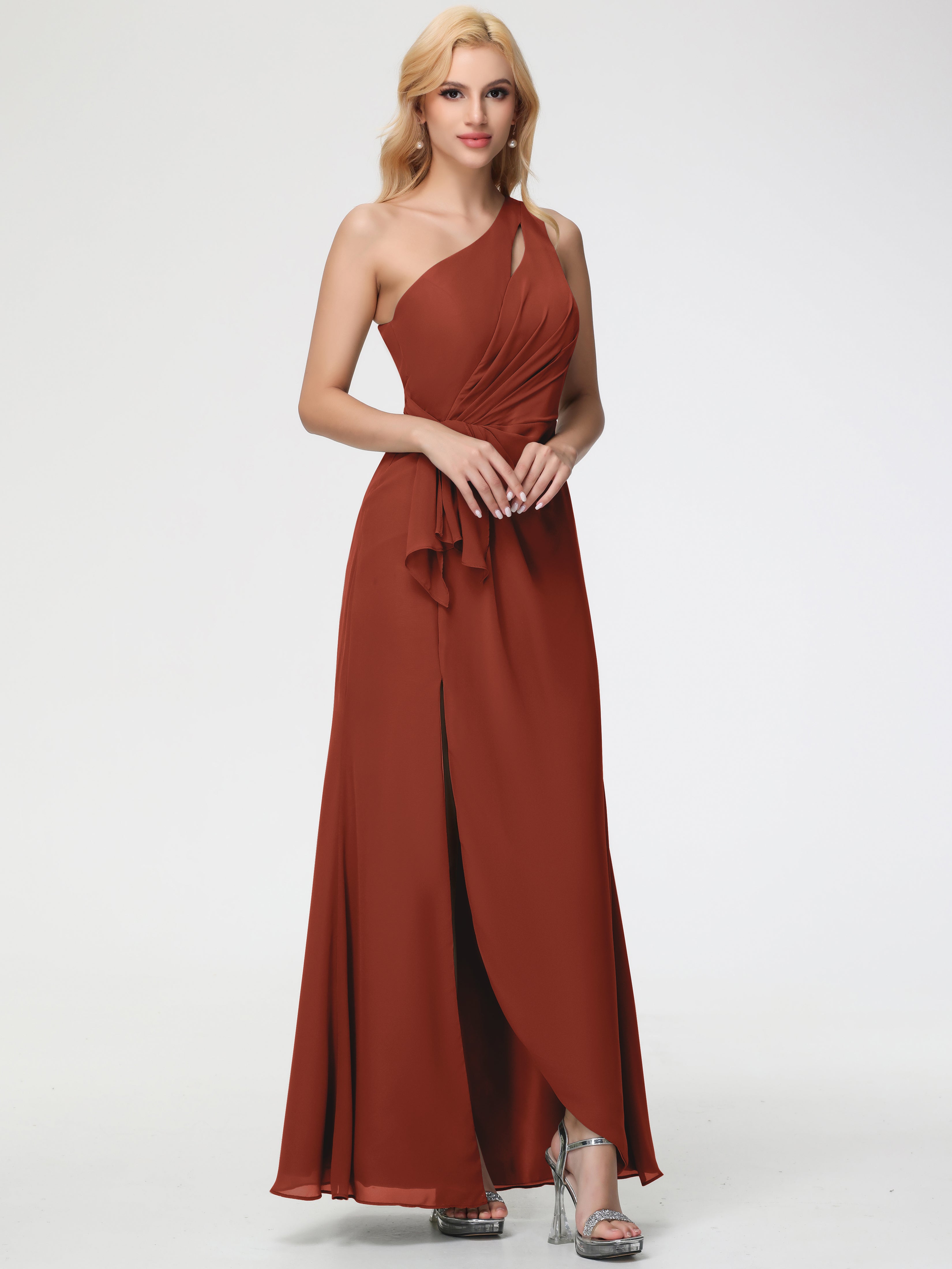 Bridesmaid Dresses Rust One Shoulder Sheath/Column Ruched Chiffon Bridesmaid Dresses with Slit Bridesmaid Dresses Rust One Shoulder Sheath/Column Ruched Chiffon Bridesmaid Dresses with Slit
