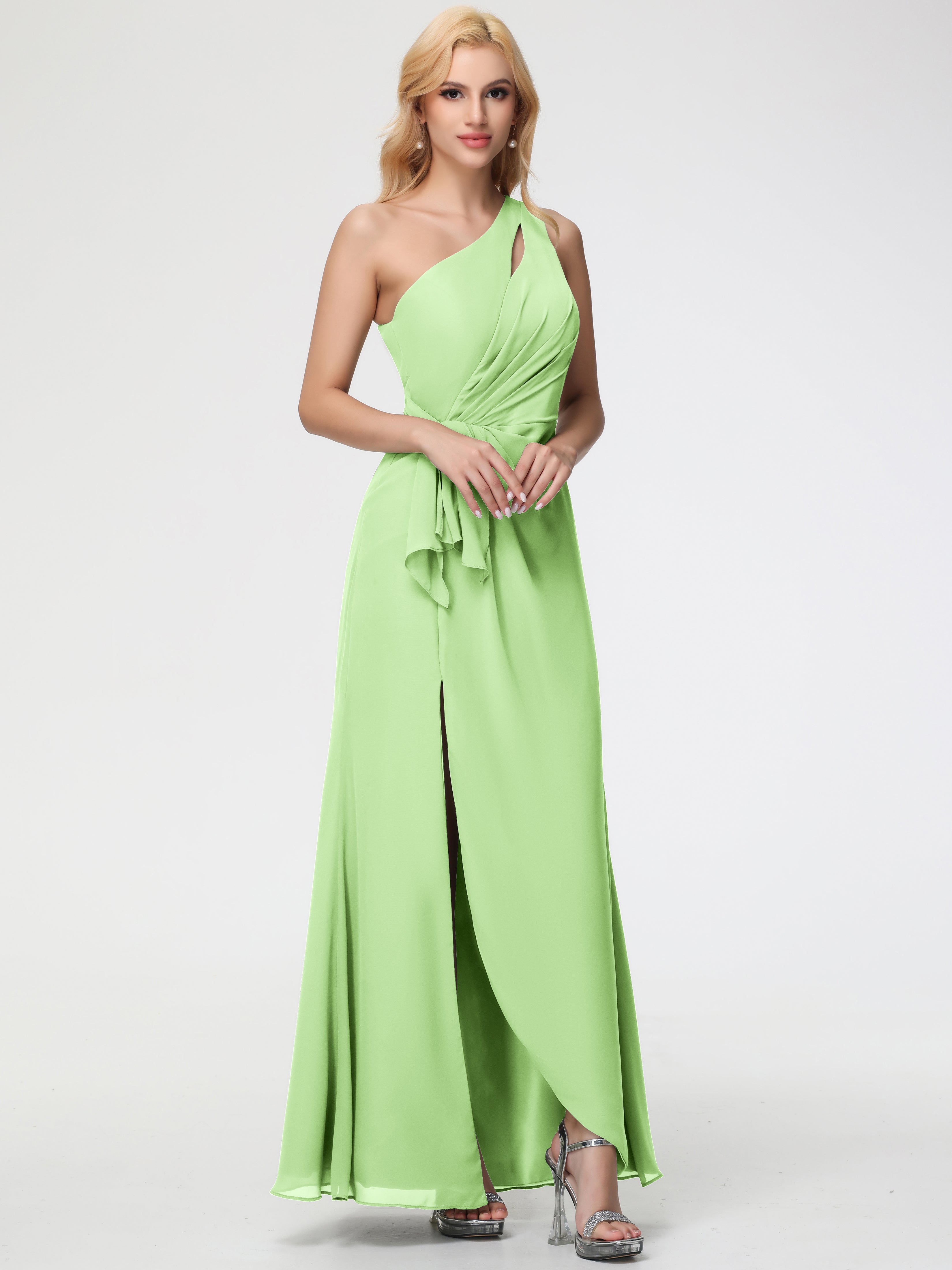 Bridesmaid Dresses Sage Green One Shoulder Sheath/Column Ruched Chiffon Bridesmaid Dresses with Slit Bridesmaid Dresses Sage Green One Shoulder Sheath/Column Ruched Chiffon Bridesmaid Dresses with Slit