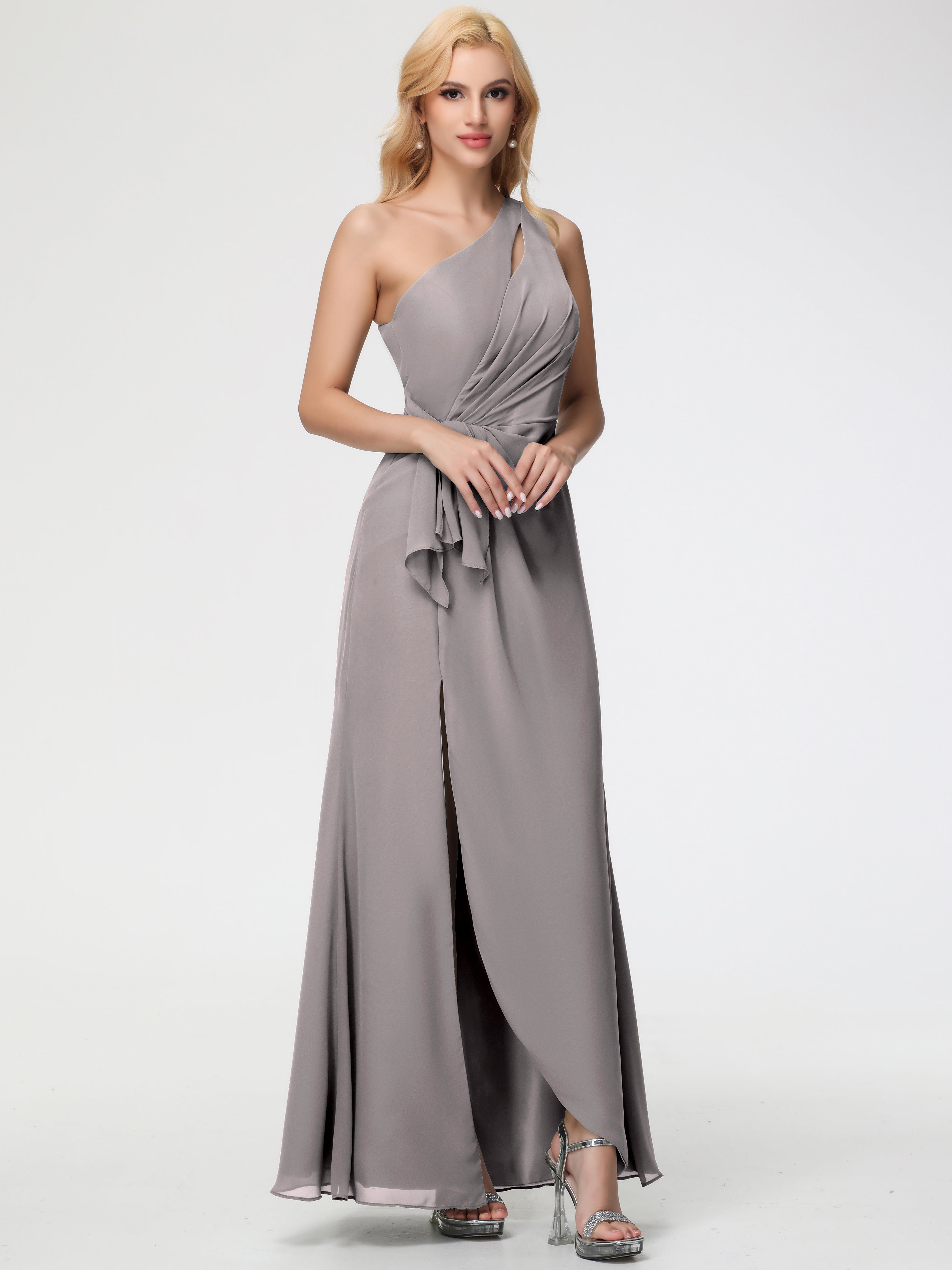 Silver Bridesmaid Dresses One Shoulder Sheath/Column Ruched Chiffon Bridesmaid Dresses with Slit Silver Bridesmaid Dresses One Shoulder Sheath/Column Ruched Chiffon Bridesmaid Dresses with Slit
