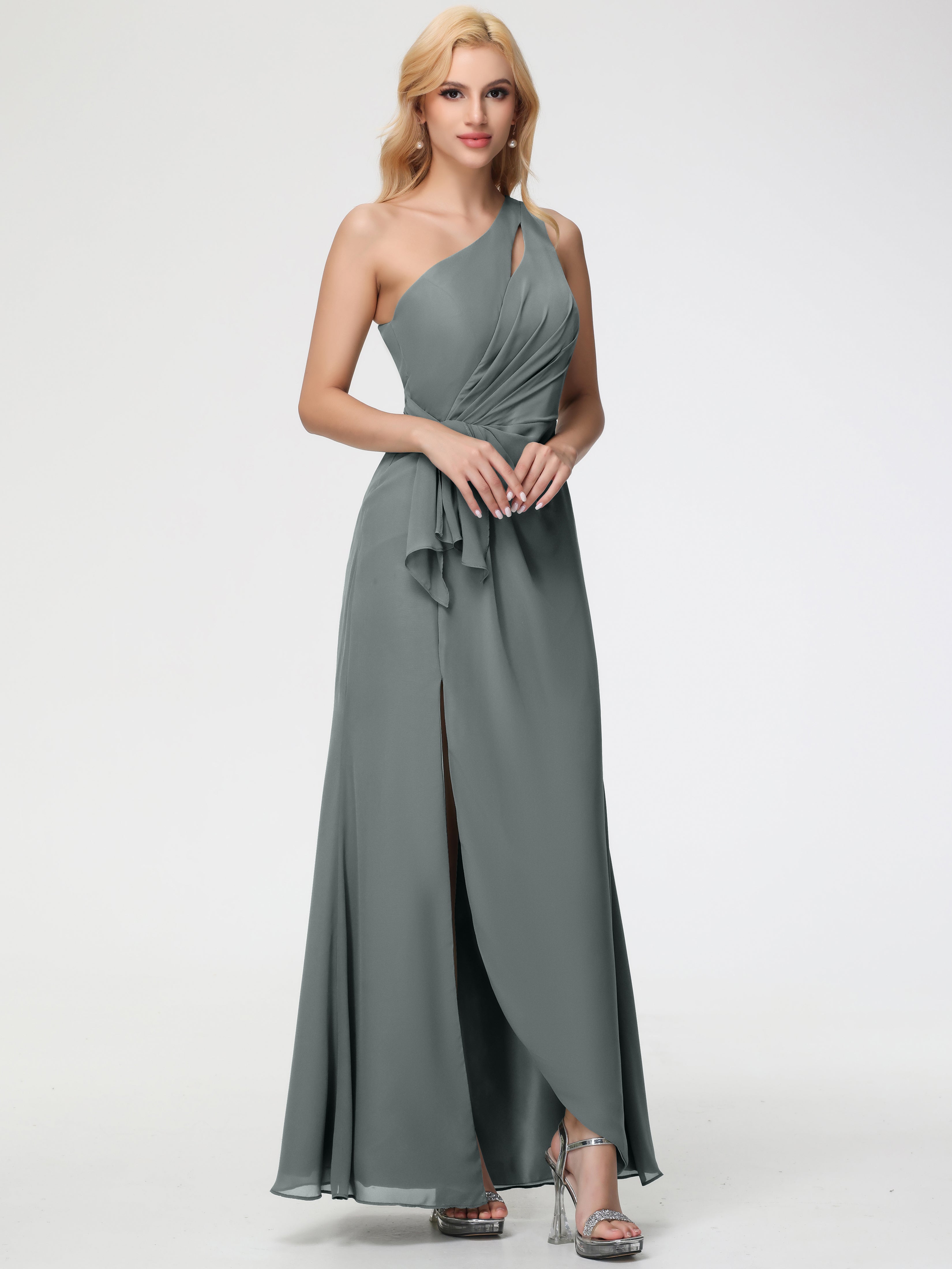 Steel Blue Grey Bridesmaid Dresses One Shoulder Sheath/Column Ruched Chiffon Bridesmaid Dresses with Slit Steel Blue Grey Bridesmaid Dresses One Shoulder Sheath/Column Ruched Chiffon Bridesmaid Dresses with Slit