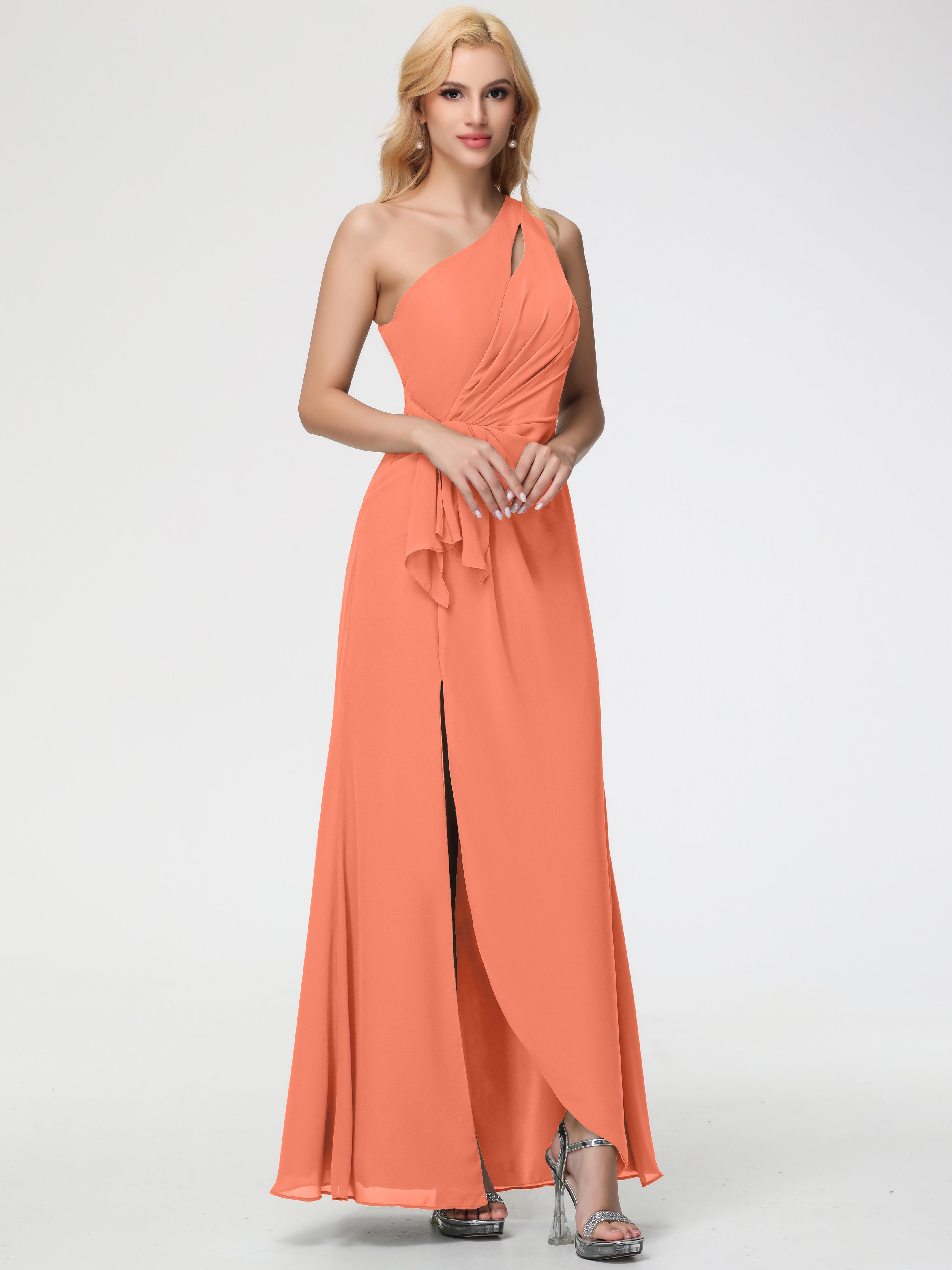 Bridesmaid Dresses Sunset Colors One Shoulder Sheath/Column Ruched Chiffon Bridesmaid Dresses with Slit Bridesmaid Dresses Sunset Colors One Shoulder Sheath/Column Ruched Chiffon Bridesmaid Dresses with Slit