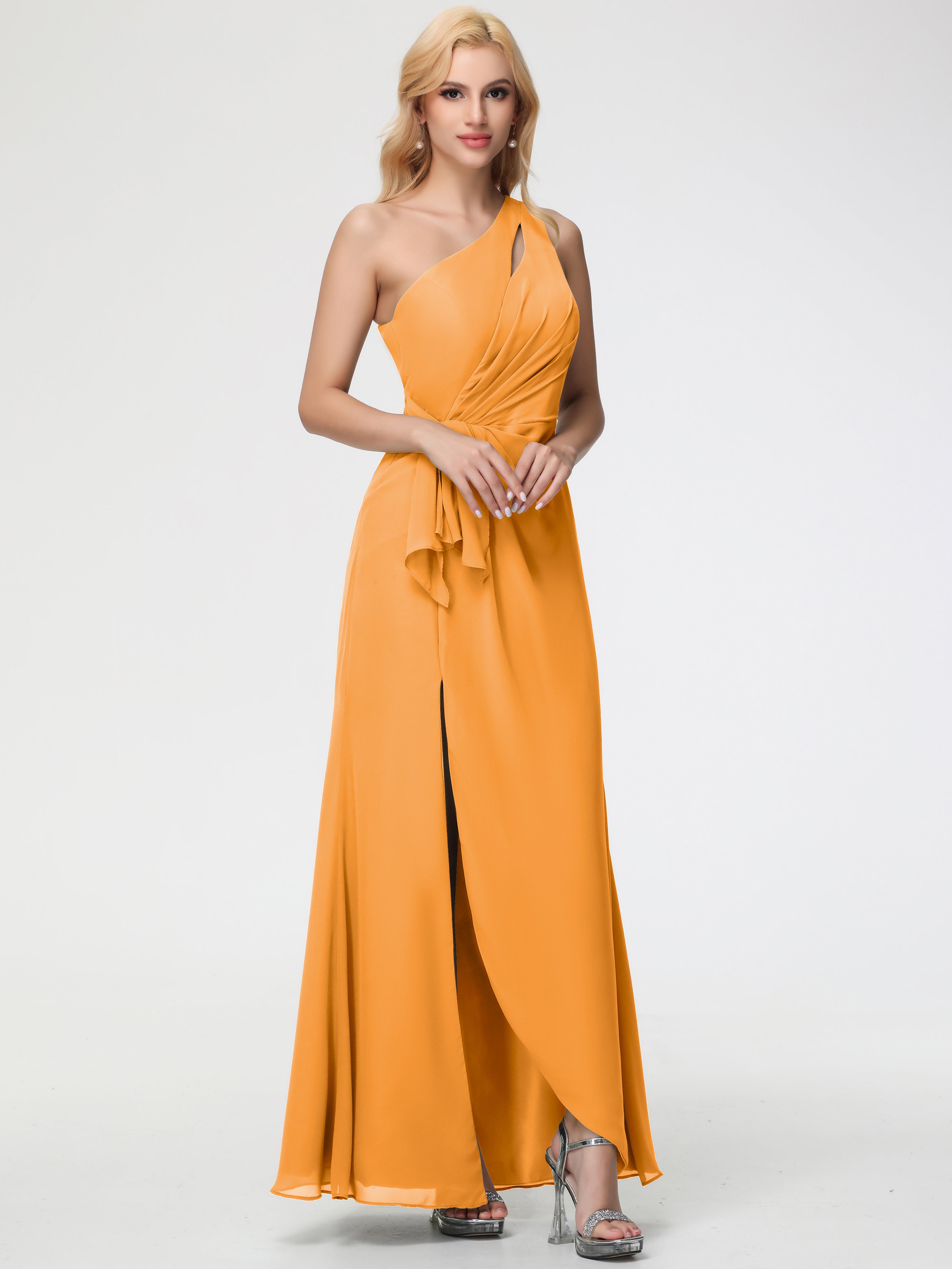 Tangerine Bridesmaid One Shoulder Sheath/Column Ruched Chiffon Bridesmaid Dresses with Slit Tangerine Bridesmaid One Shoulder Sheath/Column Ruched Chiffon Bridesmaid Dresses with Slit