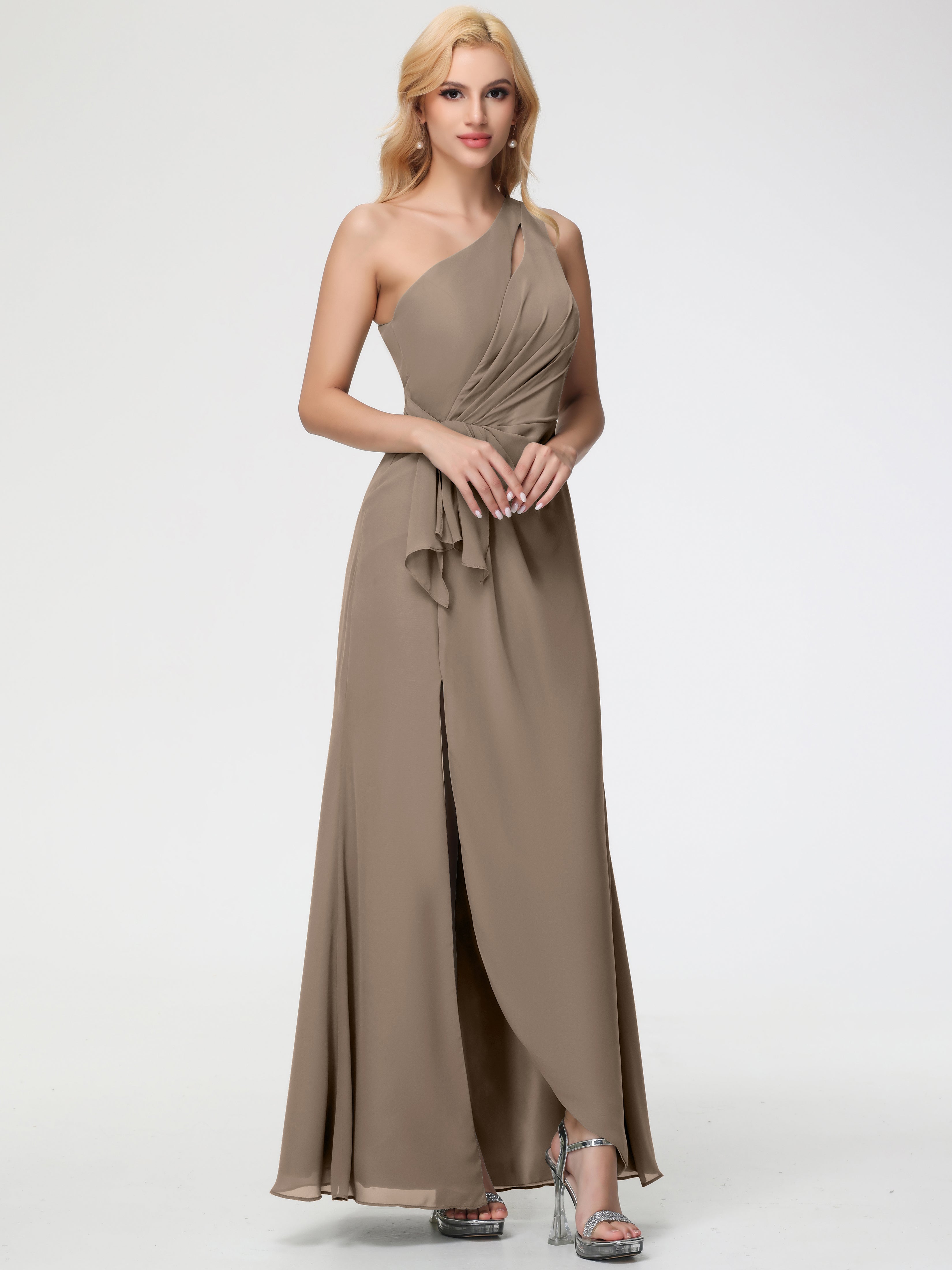 Taupe Bridesmaids Dresses One Shoulder Sheath/Column Ruched Chiffon Bridesmaid Dresses with Slit Taupe Bridesmaids Dresses One Shoulder Sheath/Column Ruched Chiffon Bridesmaid Dresses with Slit