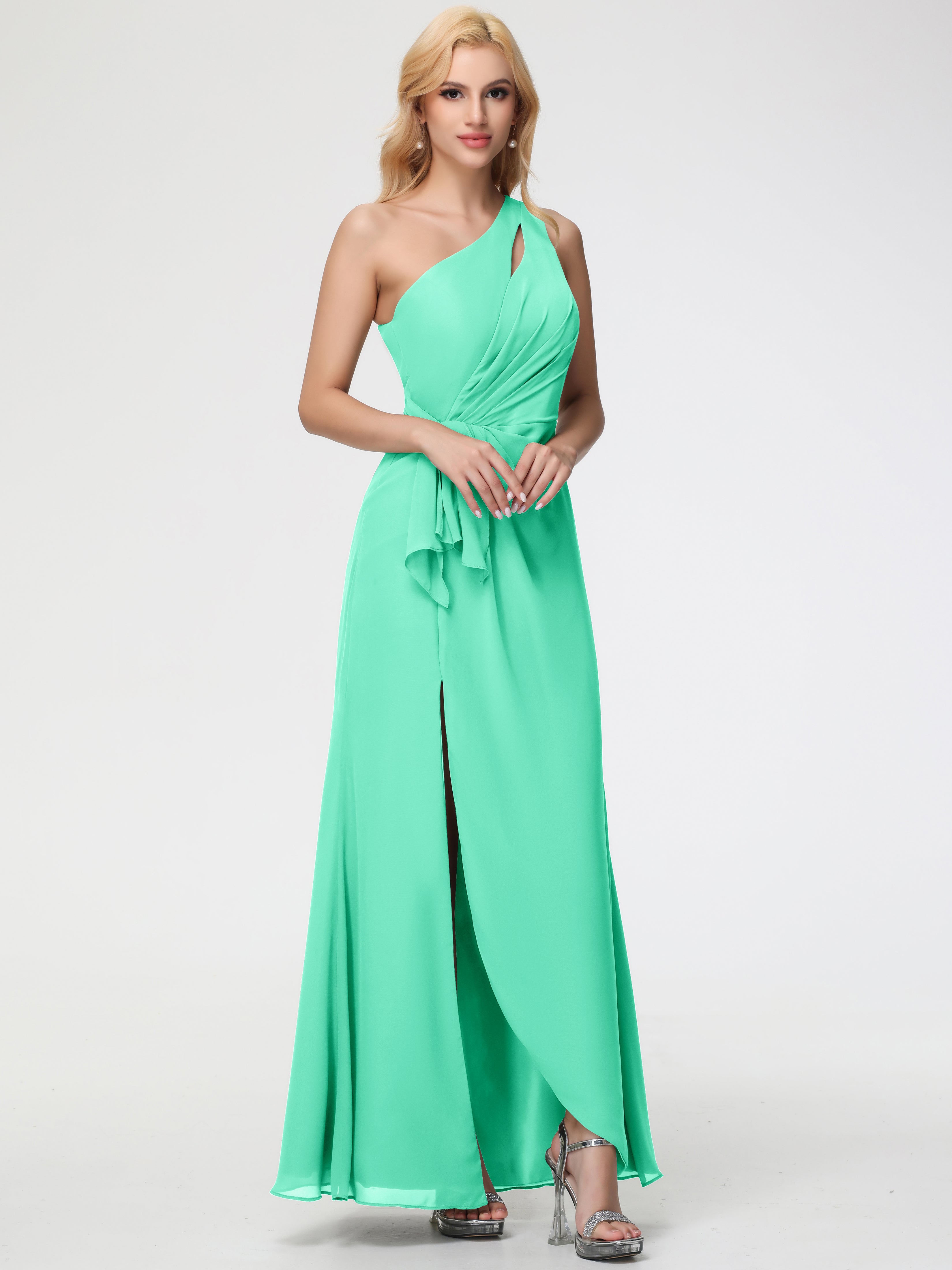 Turquoise Blue Bridesmaid Dresses One Shoulder Sheath/Column Ruched Chiffon Bridesmaid Dresses with Slit Turquoise Blue Bridesmaid Dresses One Shoulder Sheath/Column Ruched Chiffon Bridesmaid Dresses with Slit