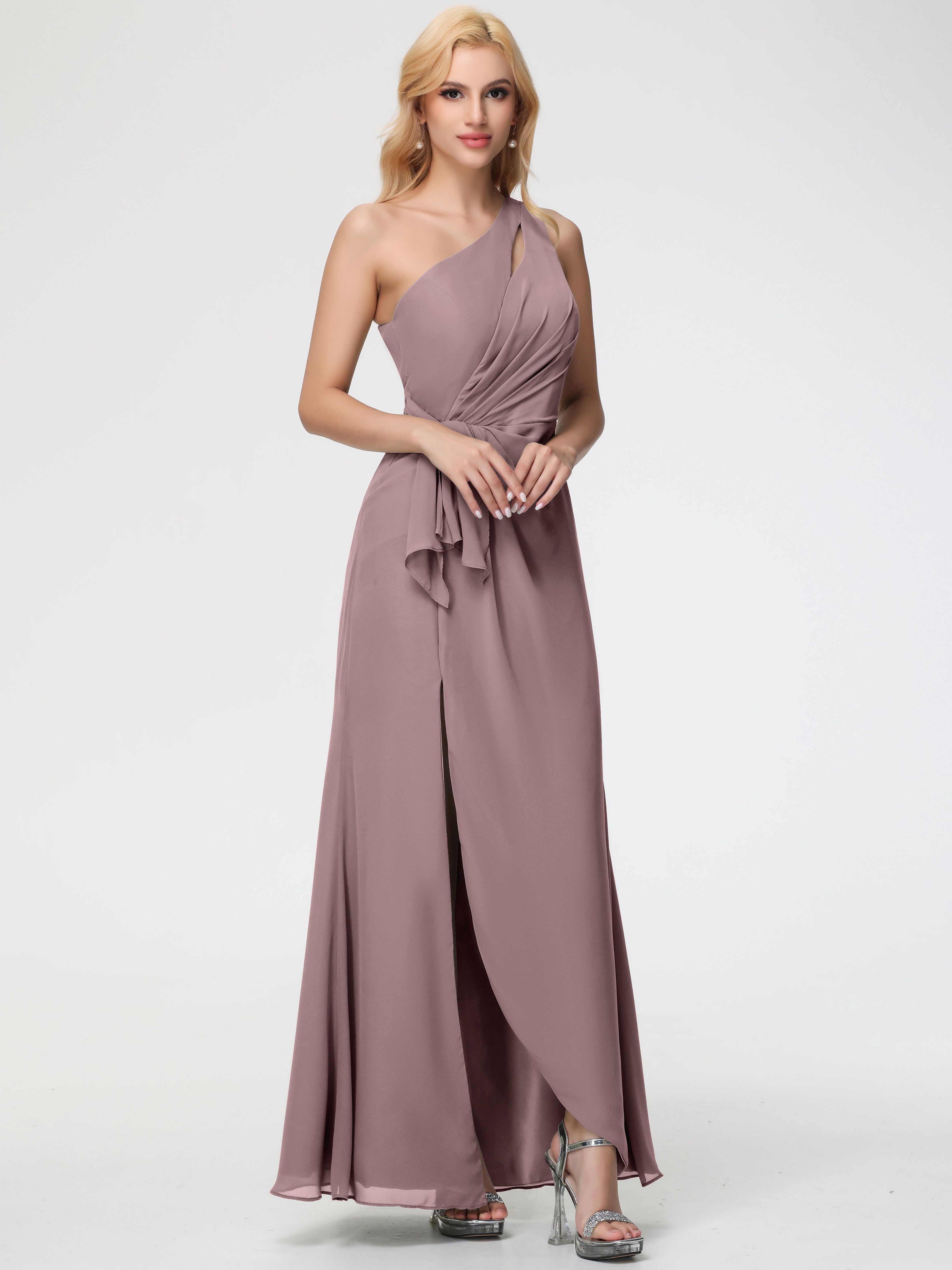 Vintage Mauve Bridesmaid Dresses One Shoulder Sheath/Column Ruched Chiffon Bridesmaid Dresses with Slit Vintage Mauve Bridesmaid Dresses One Shoulder Sheath/Column Ruched Chiffon Bridesmaid Dresses with Slit