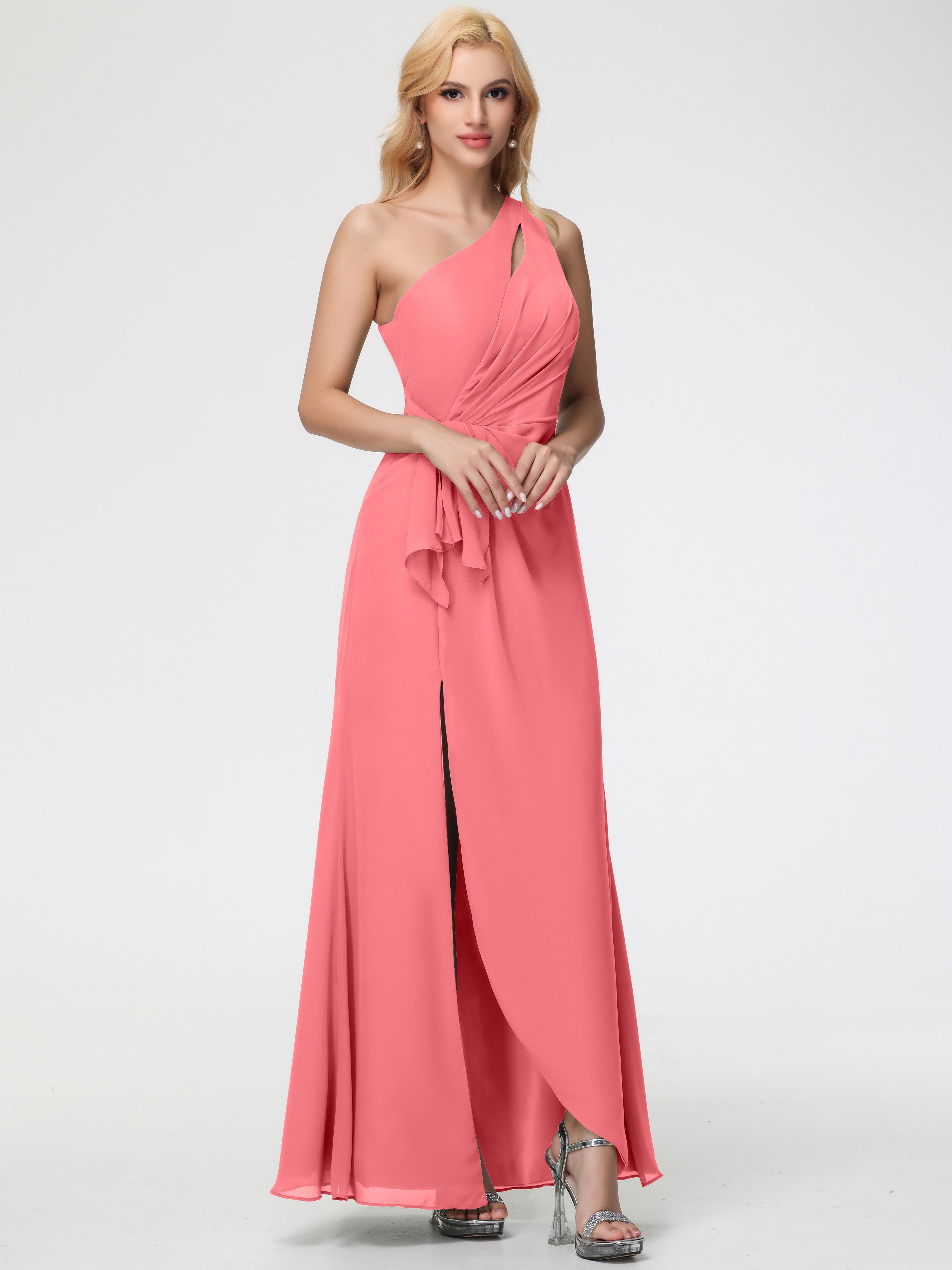 Watermelon Pink Bridesmaid Dress One Shoulder Sheath/Column Ruched Chiffon Bridesmaid Dresses with Slit Watermelon Pink Bridesmaid Dress One Shoulder Sheath/Column Ruched Chiffon Bridesmaid Dresses with Slit