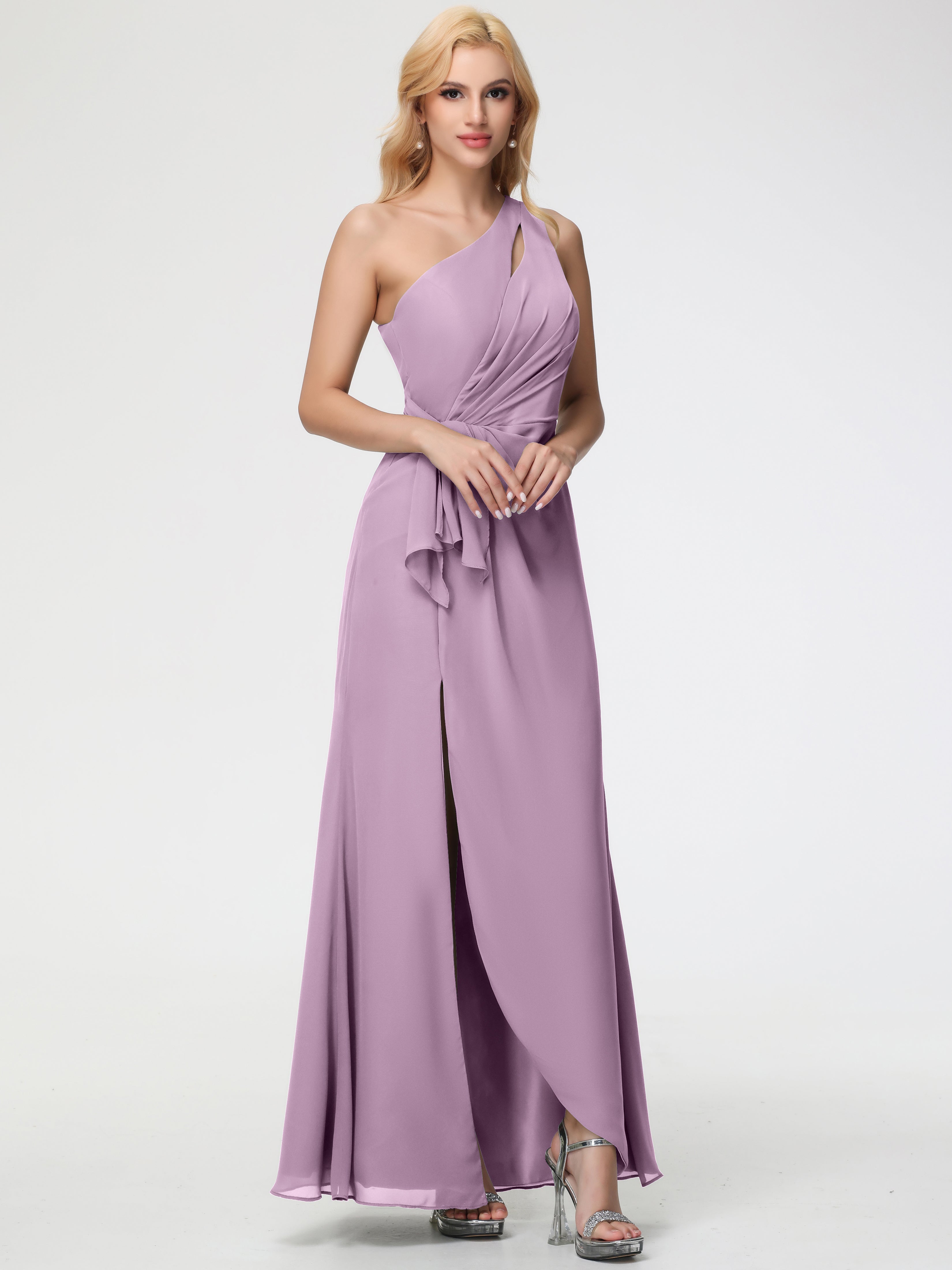 Wisteria Bridesmaid One Shoulder Sheath/Column Ruched Chiffon Bridesmaid Dresses with Slit Wisteria Bridesmaid One Shoulder Sheath/Column Ruched Chiffon Bridesmaid Dresses with Slit