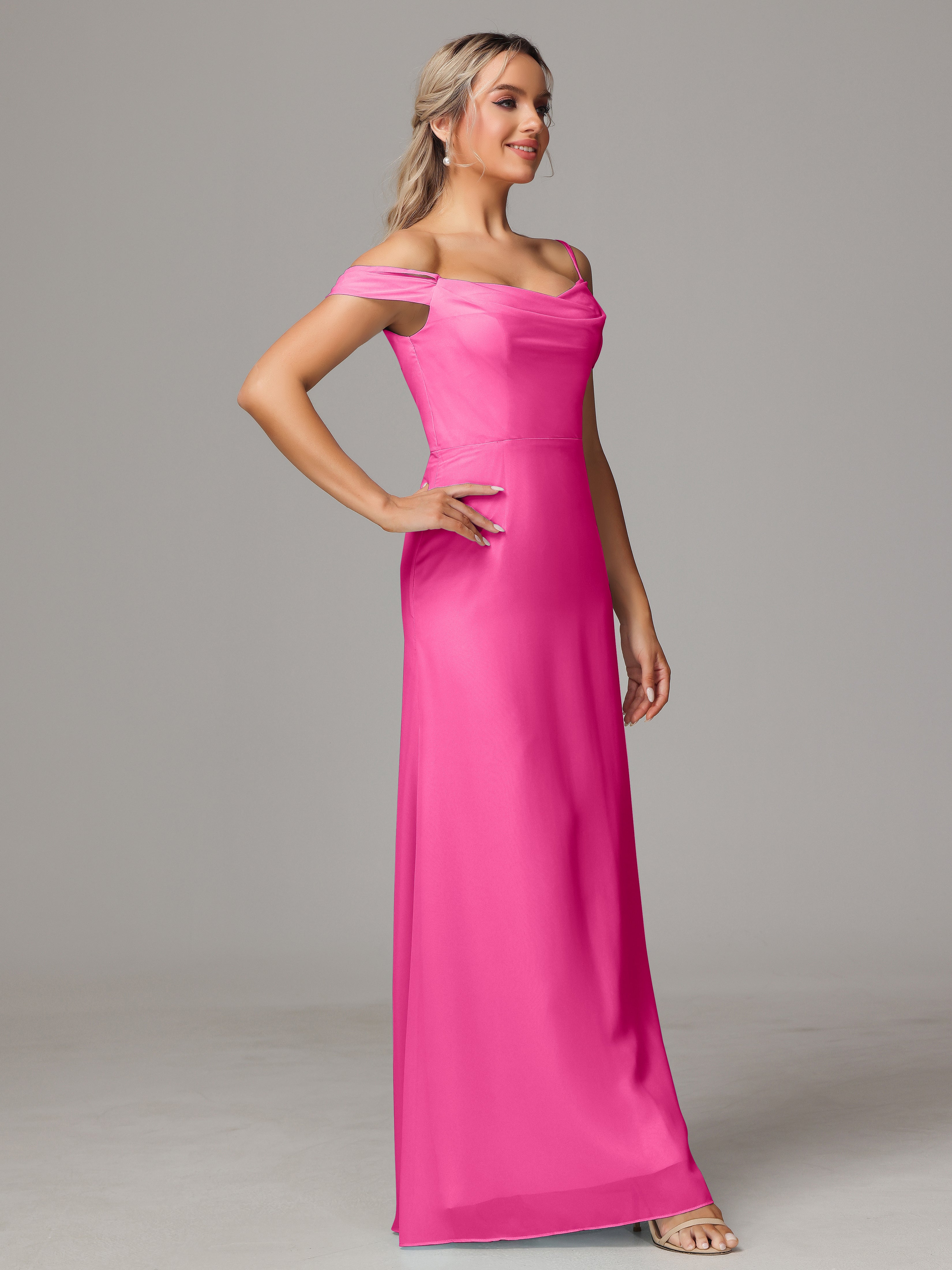 Spaghetti Straps Off The Shoulder Chiffon Wedding Guest Dress With Slit