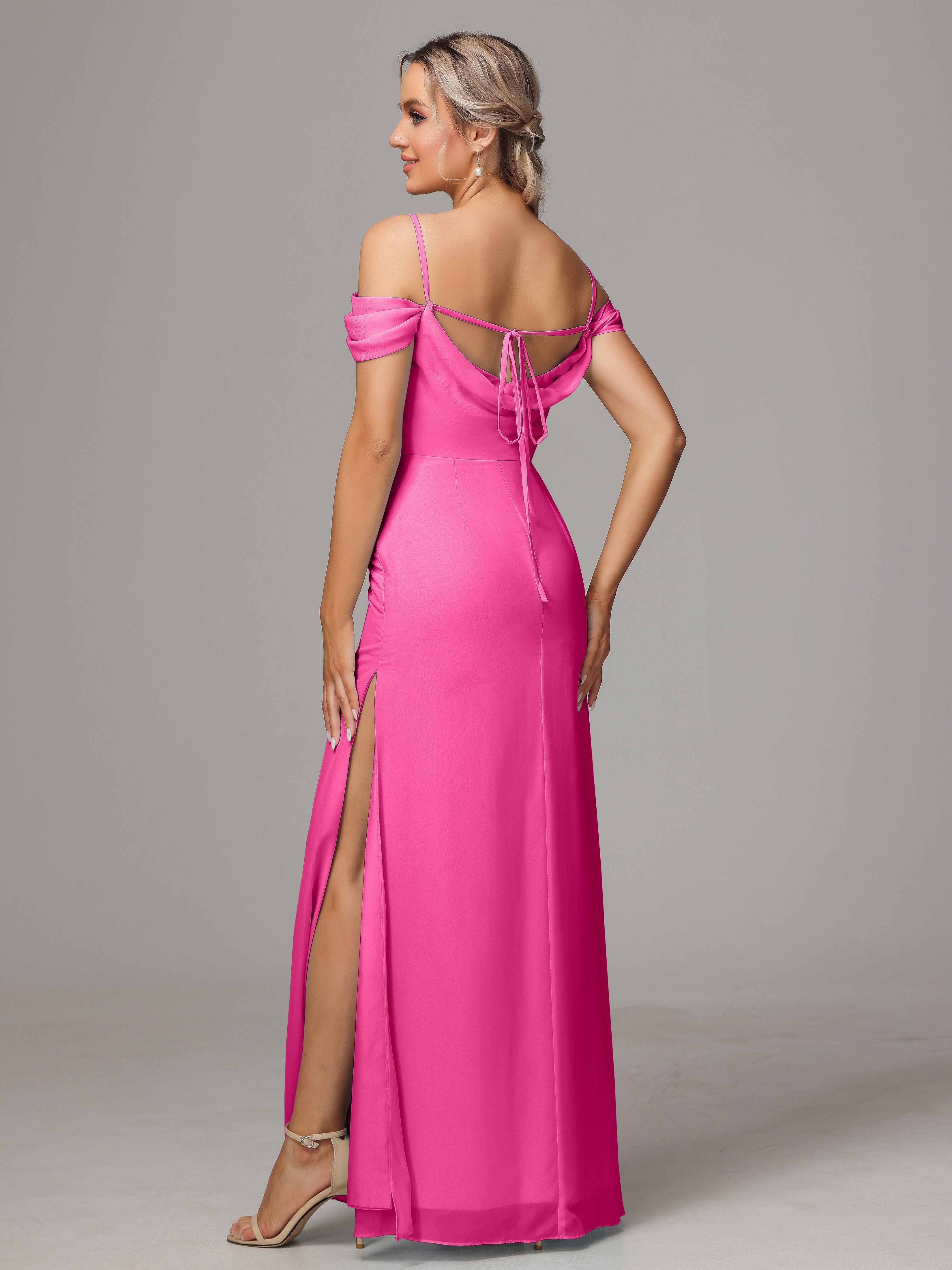 Spaghetti Straps Off The Shoulder Chiffon Wedding Guest Dress With Slit