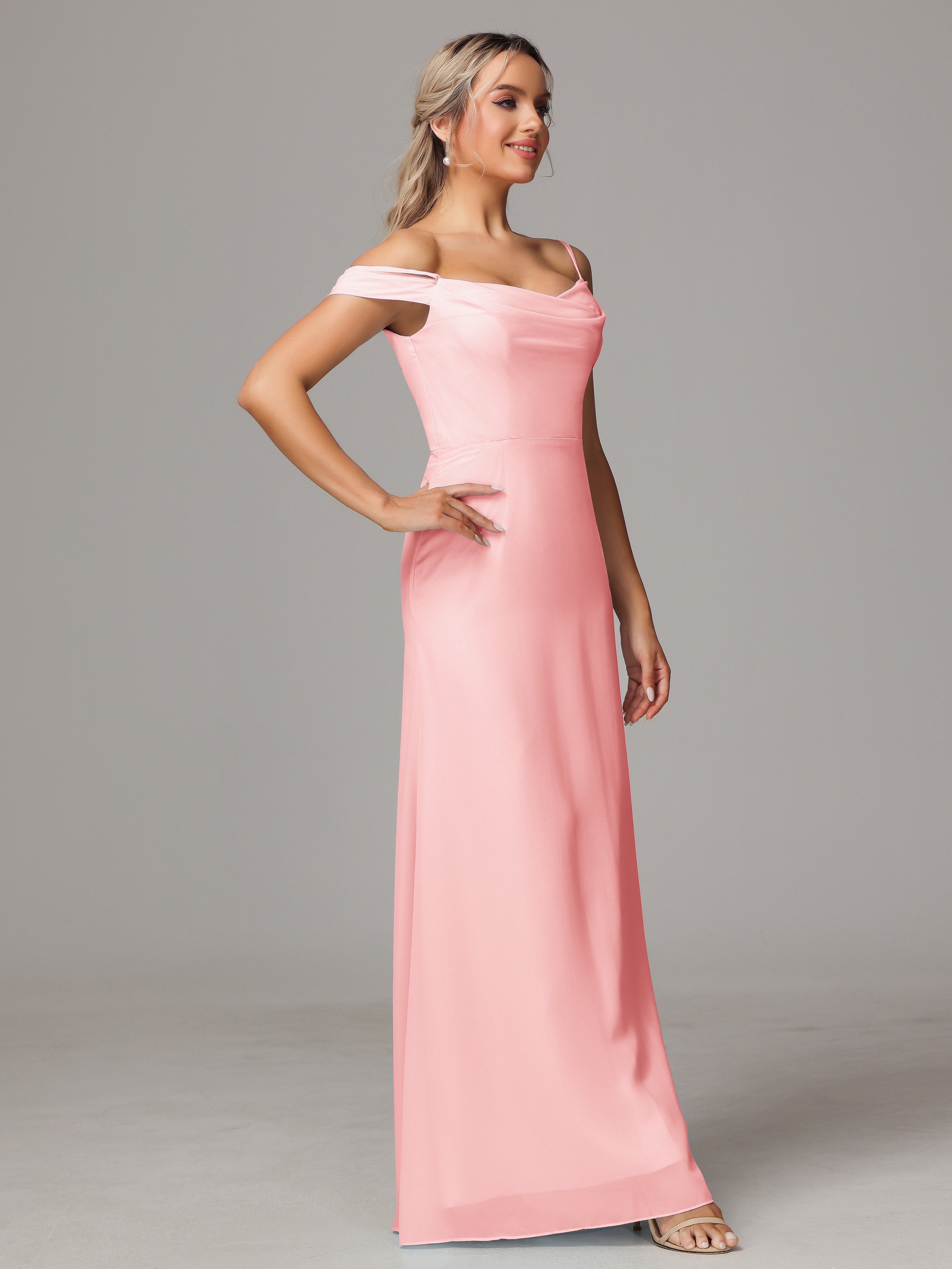 Spaghetti Straps Off The Shoulder Chiffon Wedding Guest Dress With Slit