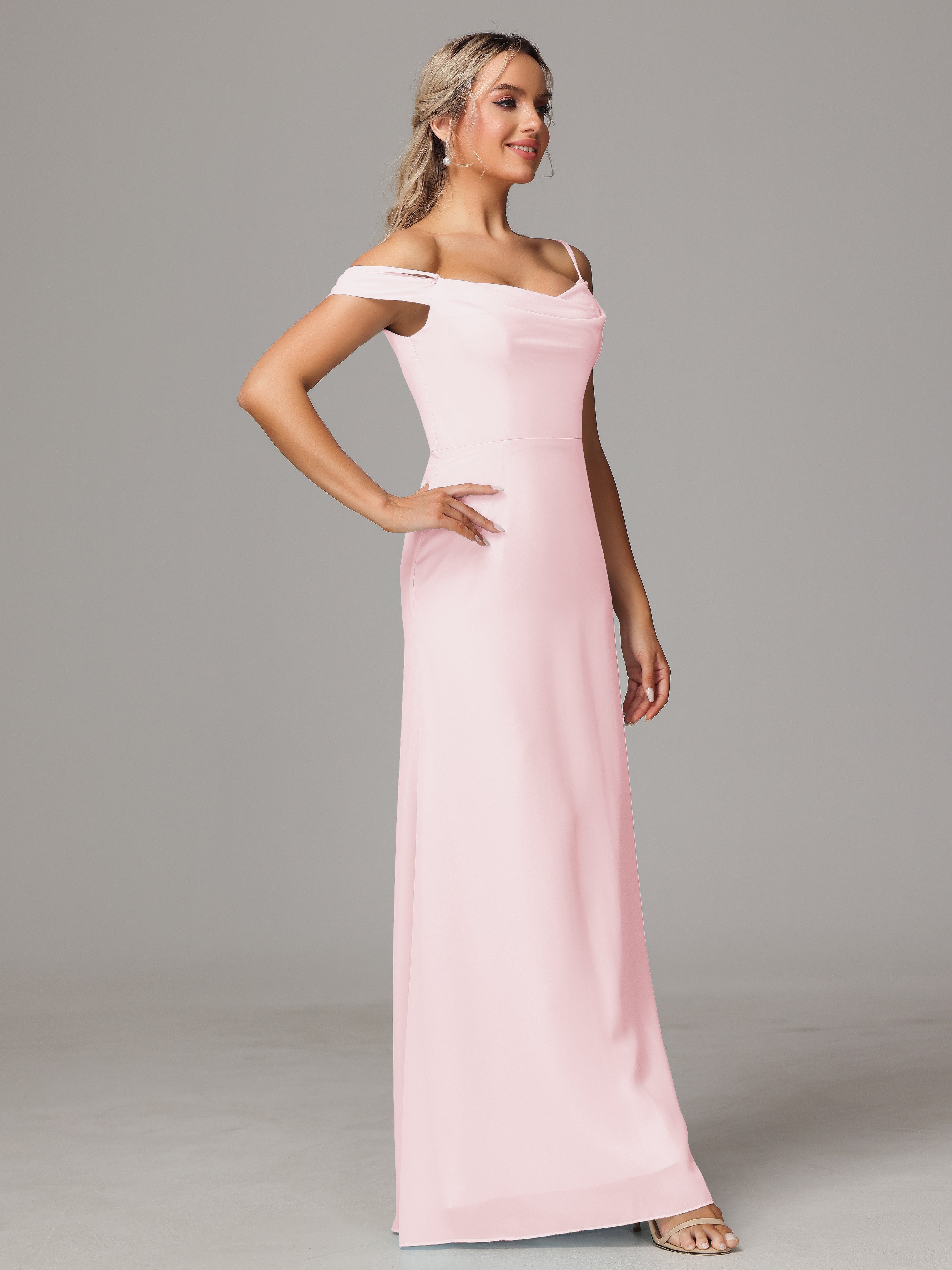 Spaghetti Straps Off The Shoulder Chiffon Wedding Guest Dress With Slit