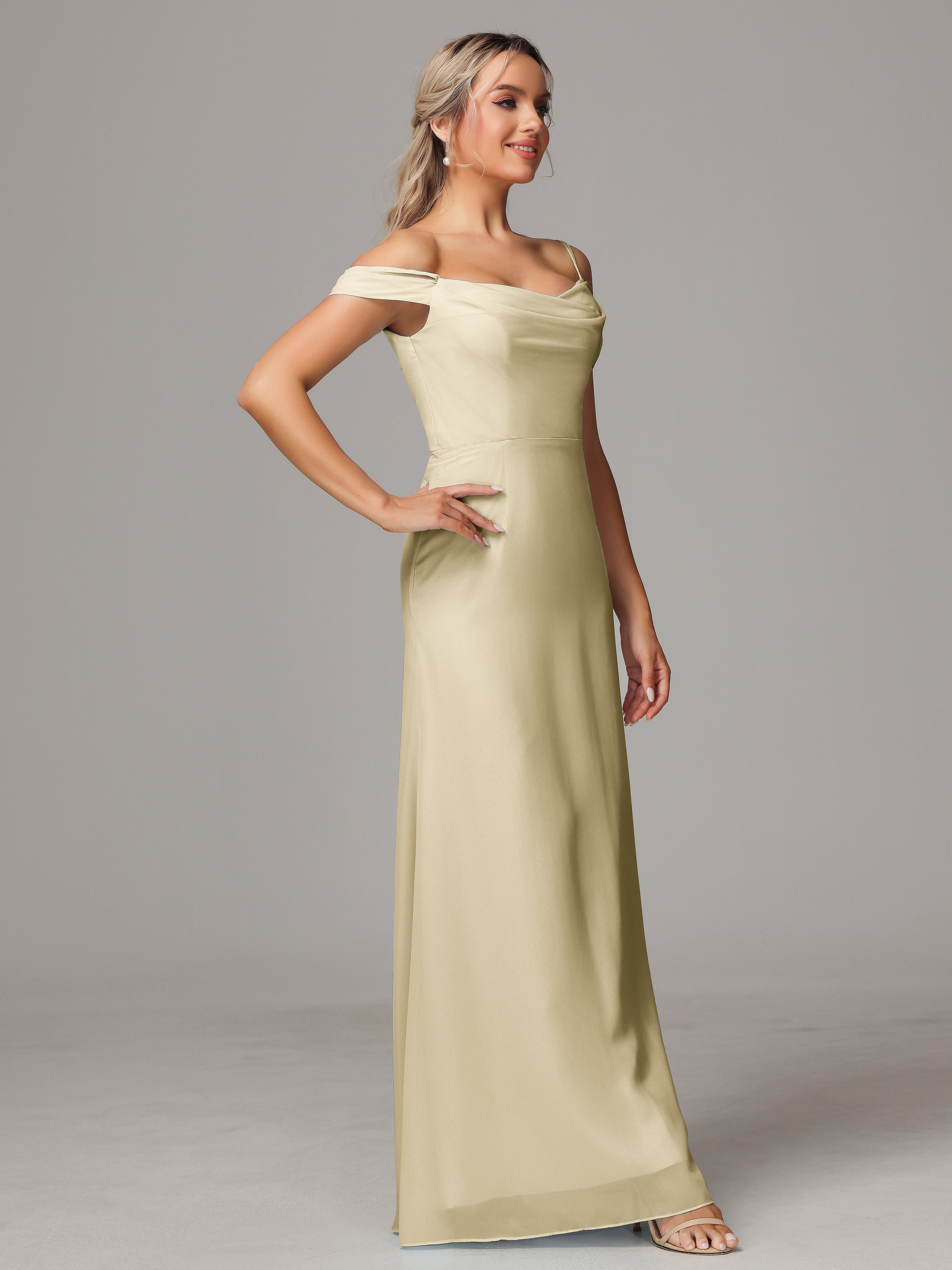 Spaghetti Straps Off The Shoulder Chiffon Wedding Guest Dress With Slit