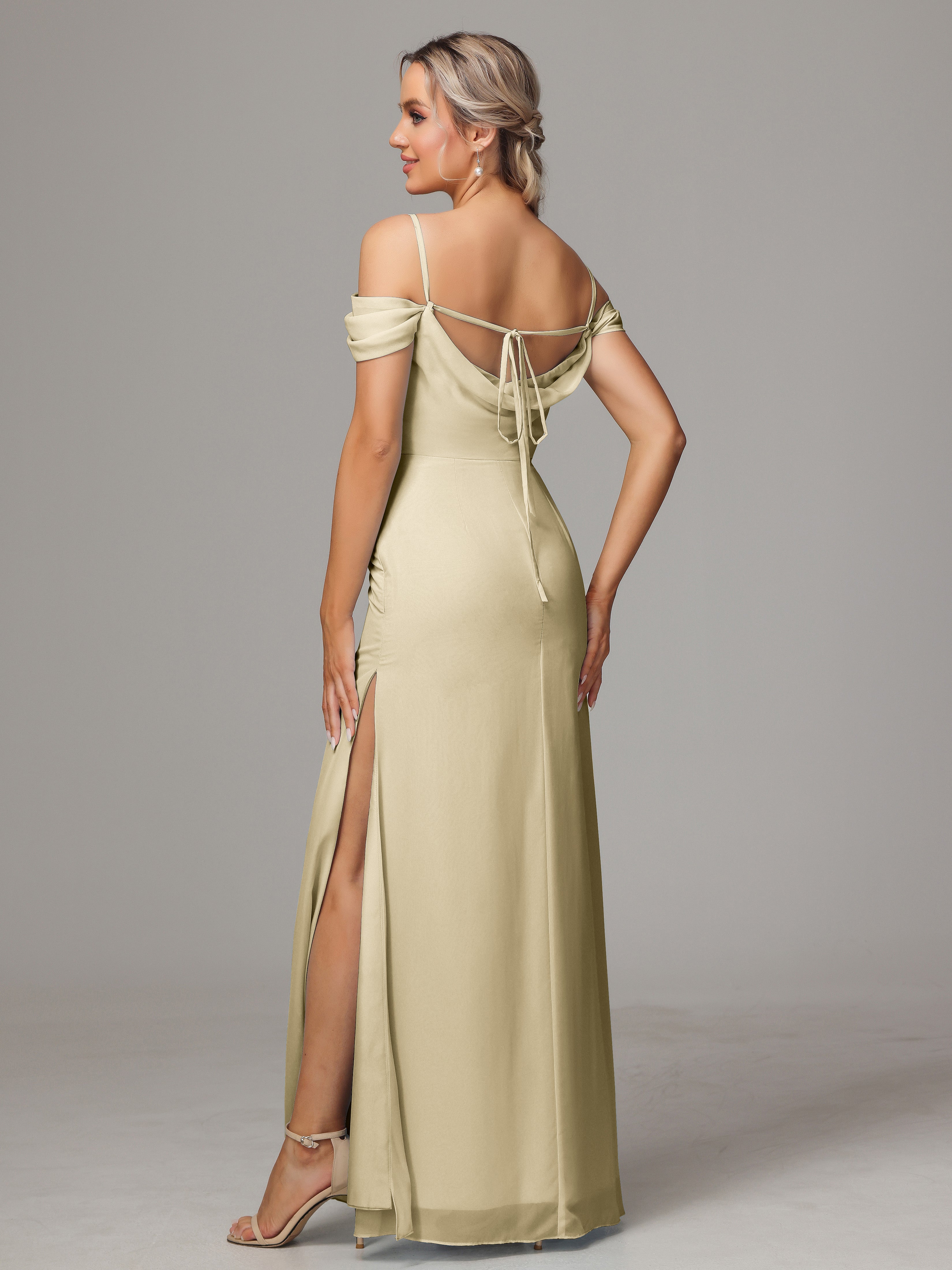 Spaghetti Straps Off The Shoulder Chiffon Wedding Guest Dress With Slit