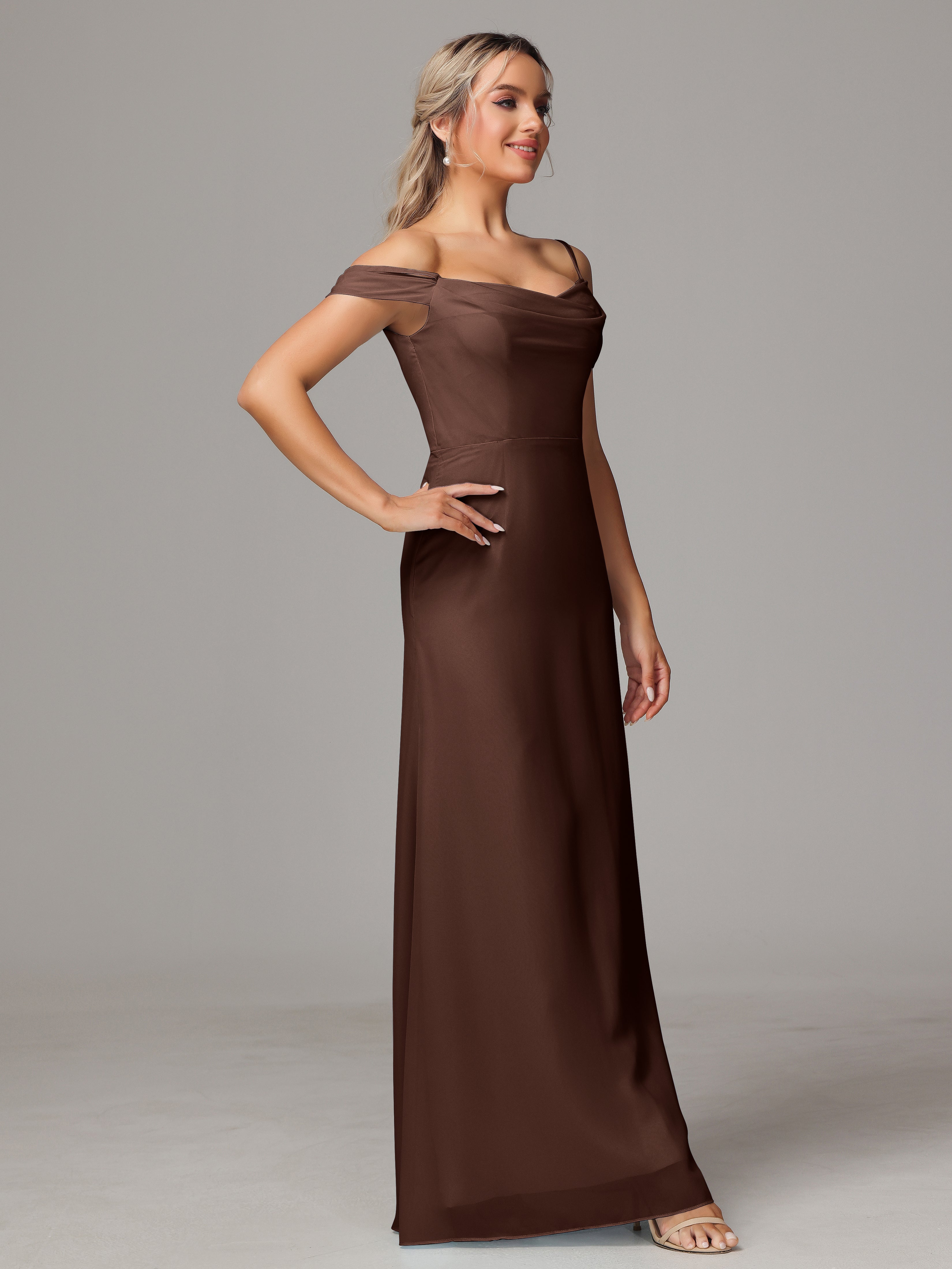 Spaghetti Straps Off The Shoulder Chiffon Wedding Guest Dress With Slit