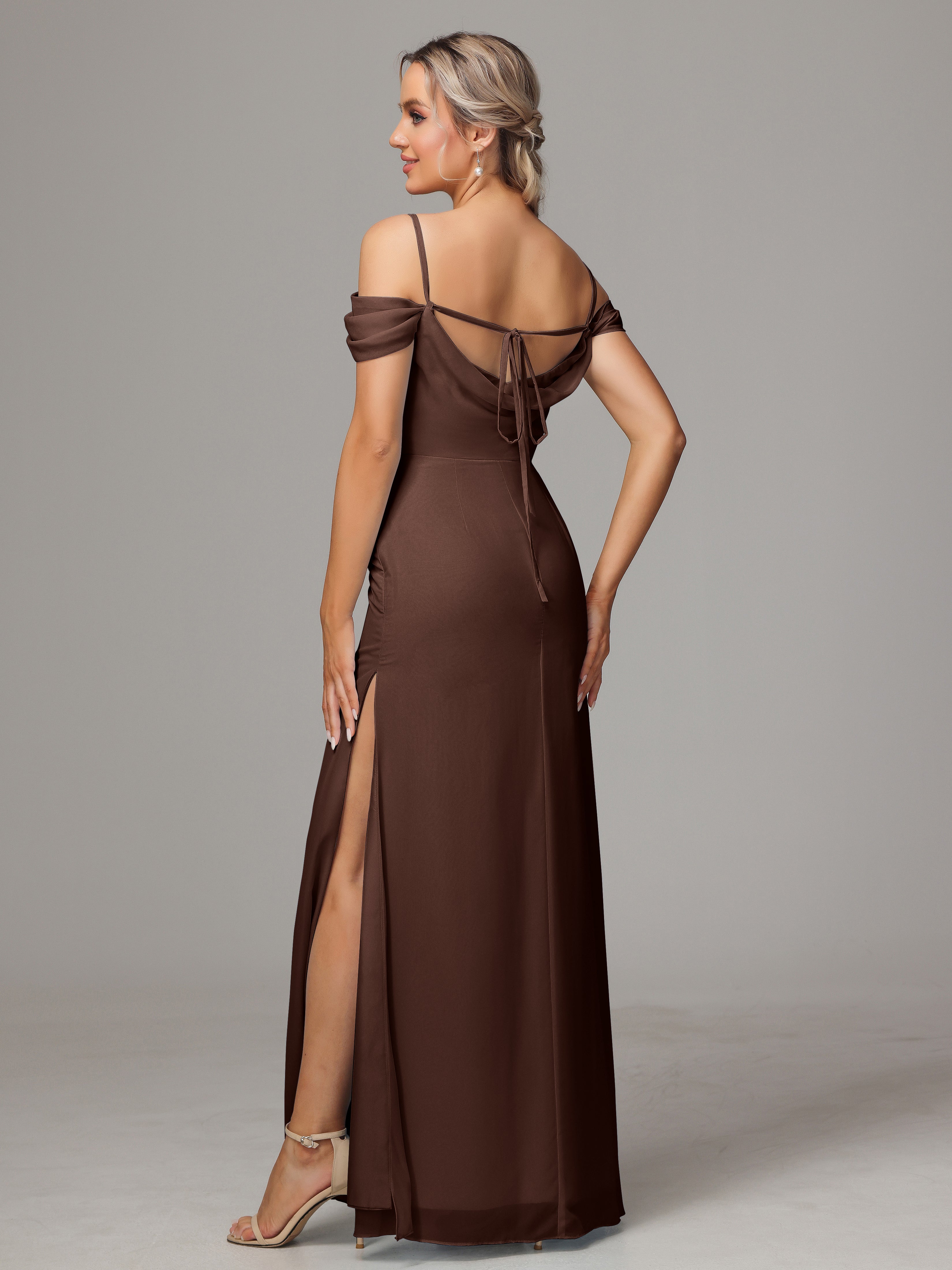 Spaghetti Straps Off The Shoulder Chiffon Wedding Guest Dress With Slit