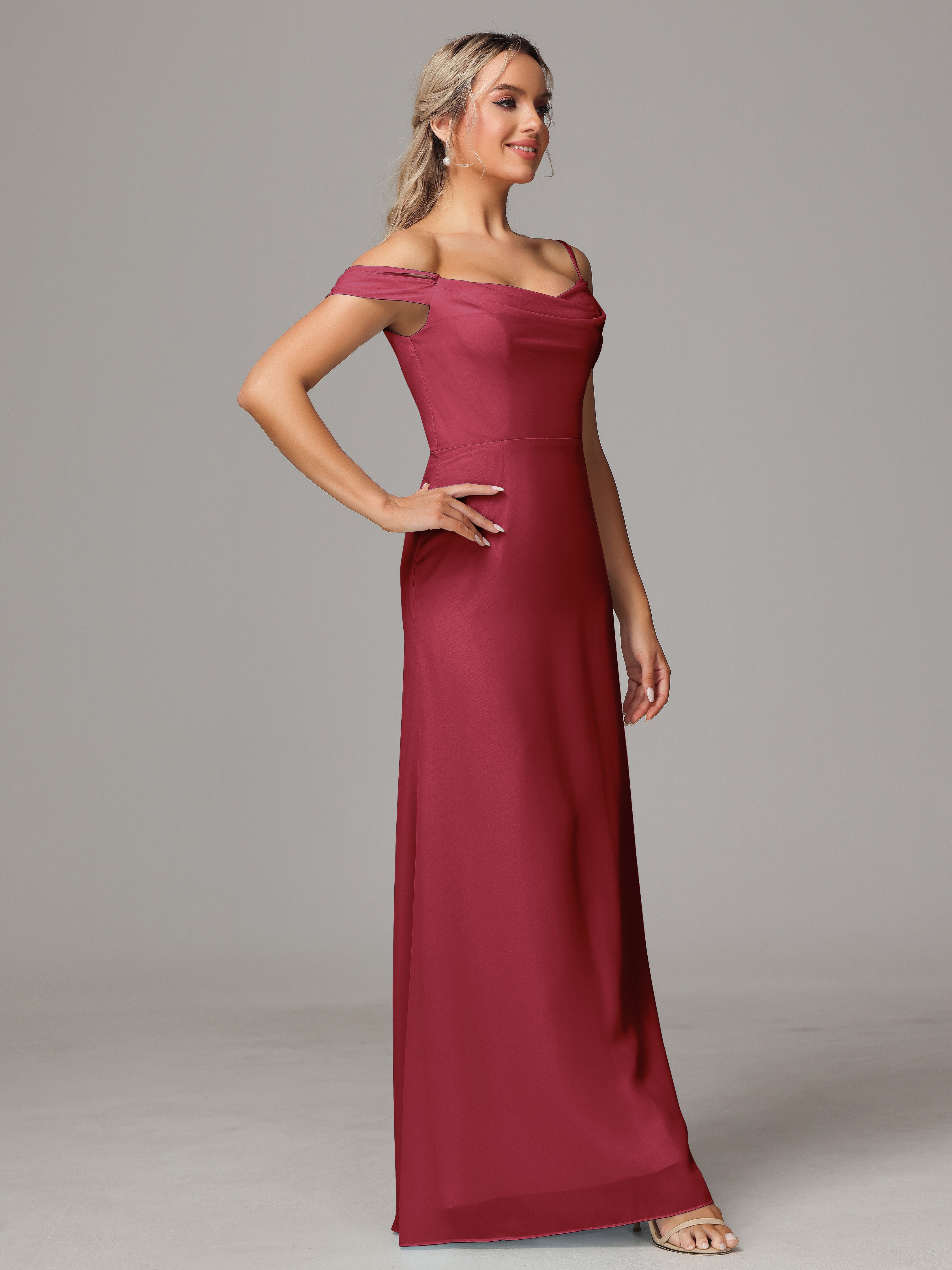 Spaghetti Straps Off The Shoulder Chiffon Wedding Guest Dress With Slit