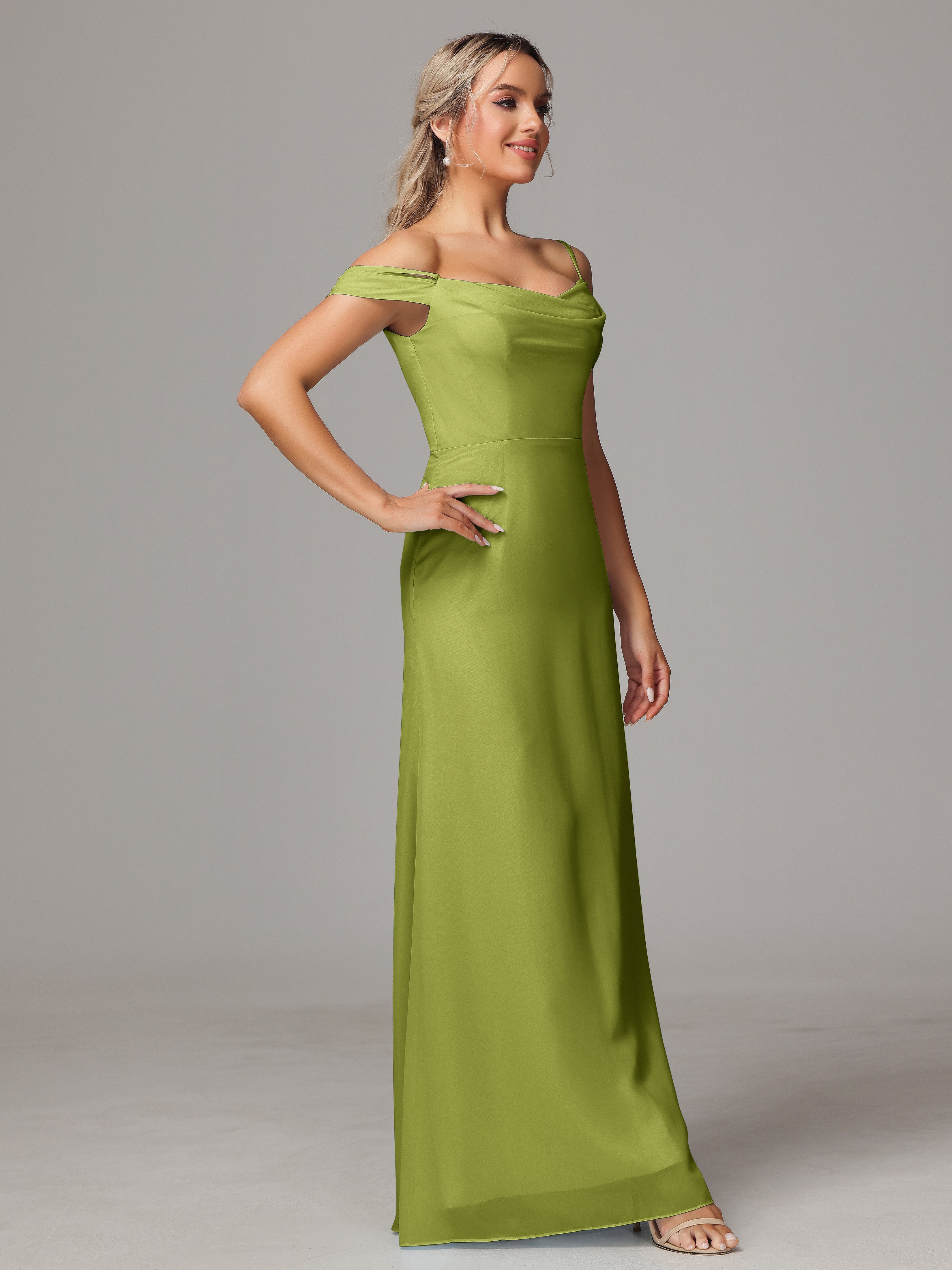 Spaghetti Straps Off The Shoulder Chiffon Wedding Guest Dress With Slit