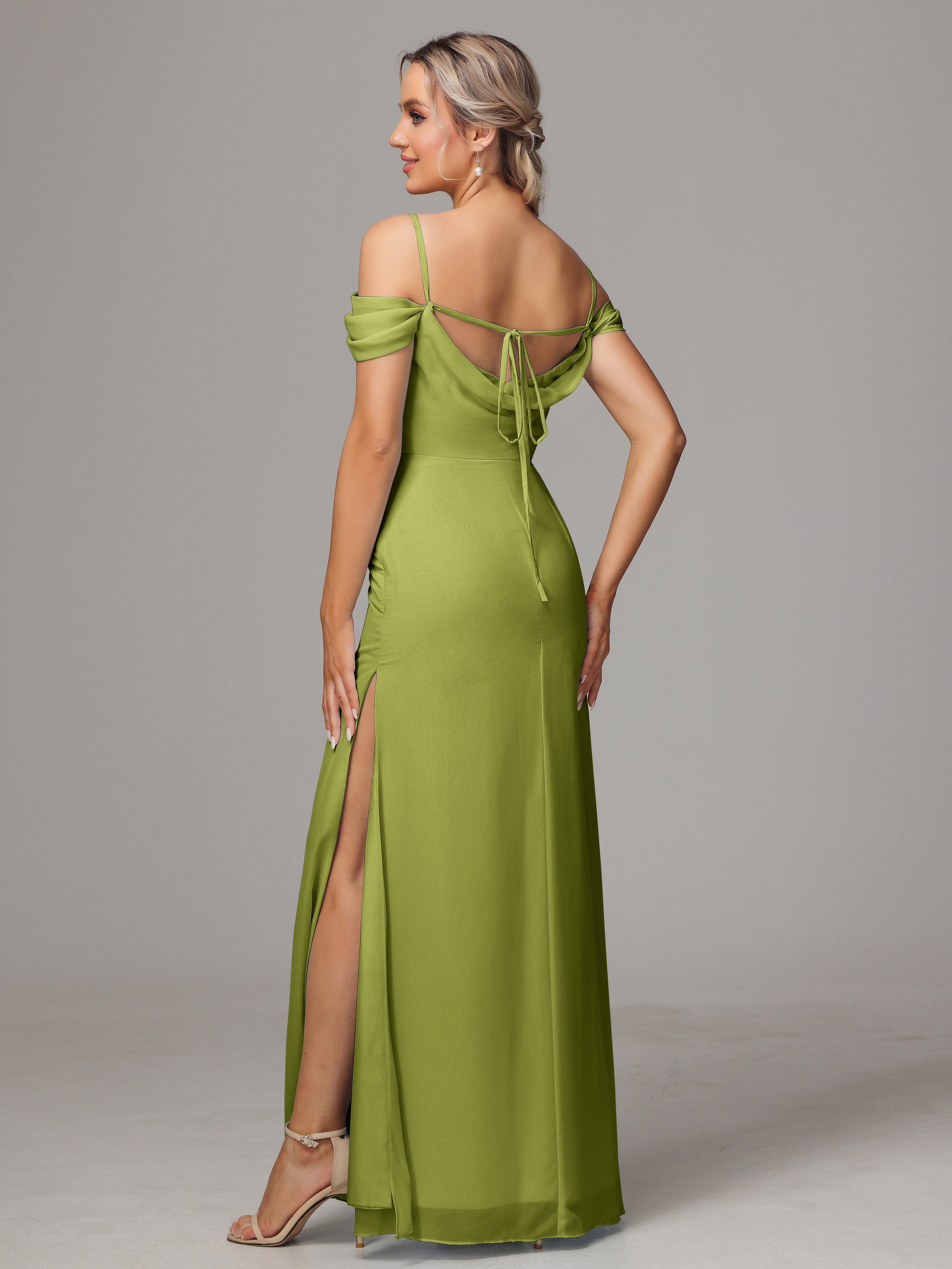 Spaghetti Straps Off The Shoulder Chiffon Wedding Guest Dress With Slit
