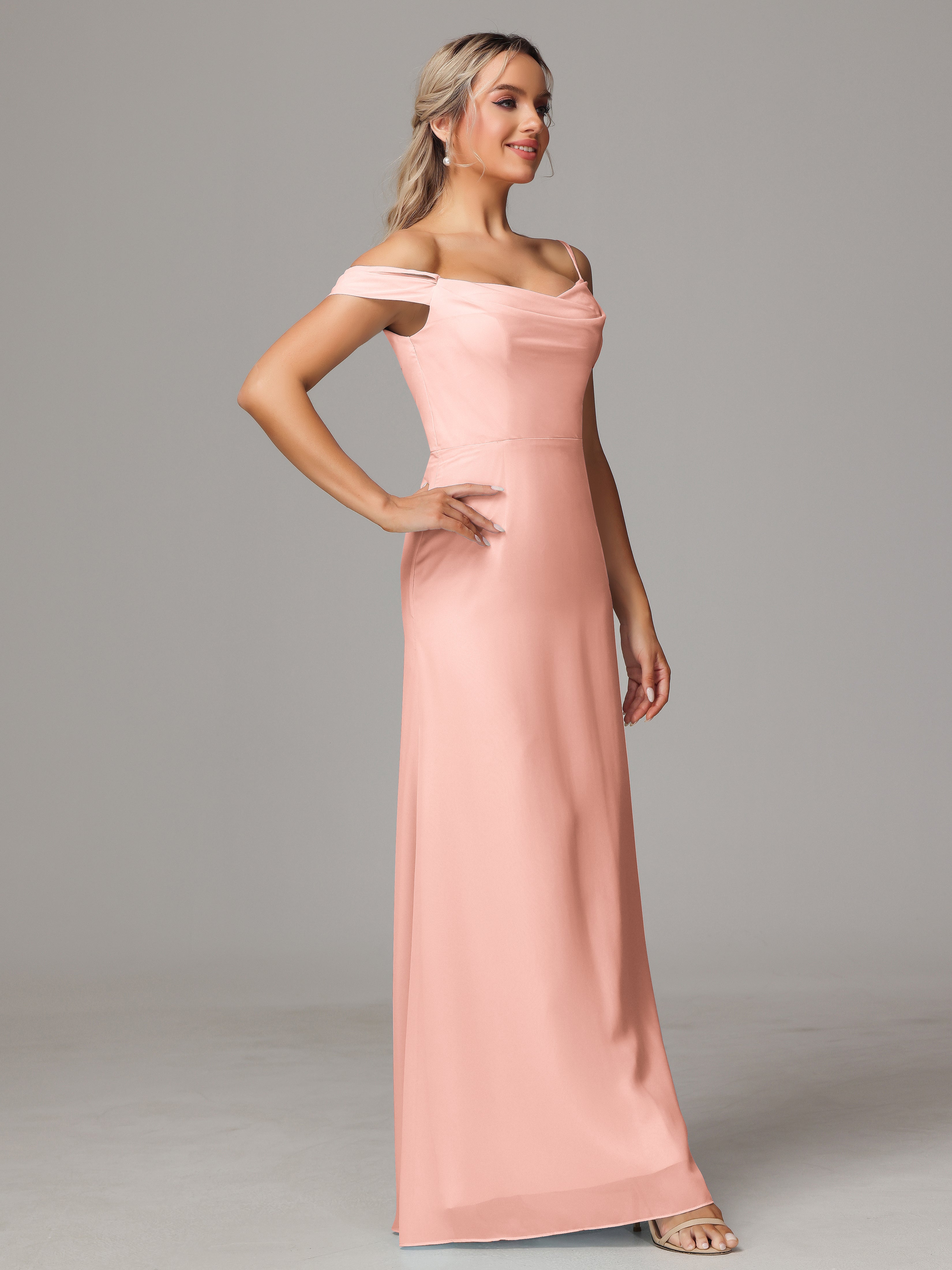 Spaghetti Straps Off The Shoulder Chiffon Wedding Guest Dress With Slit