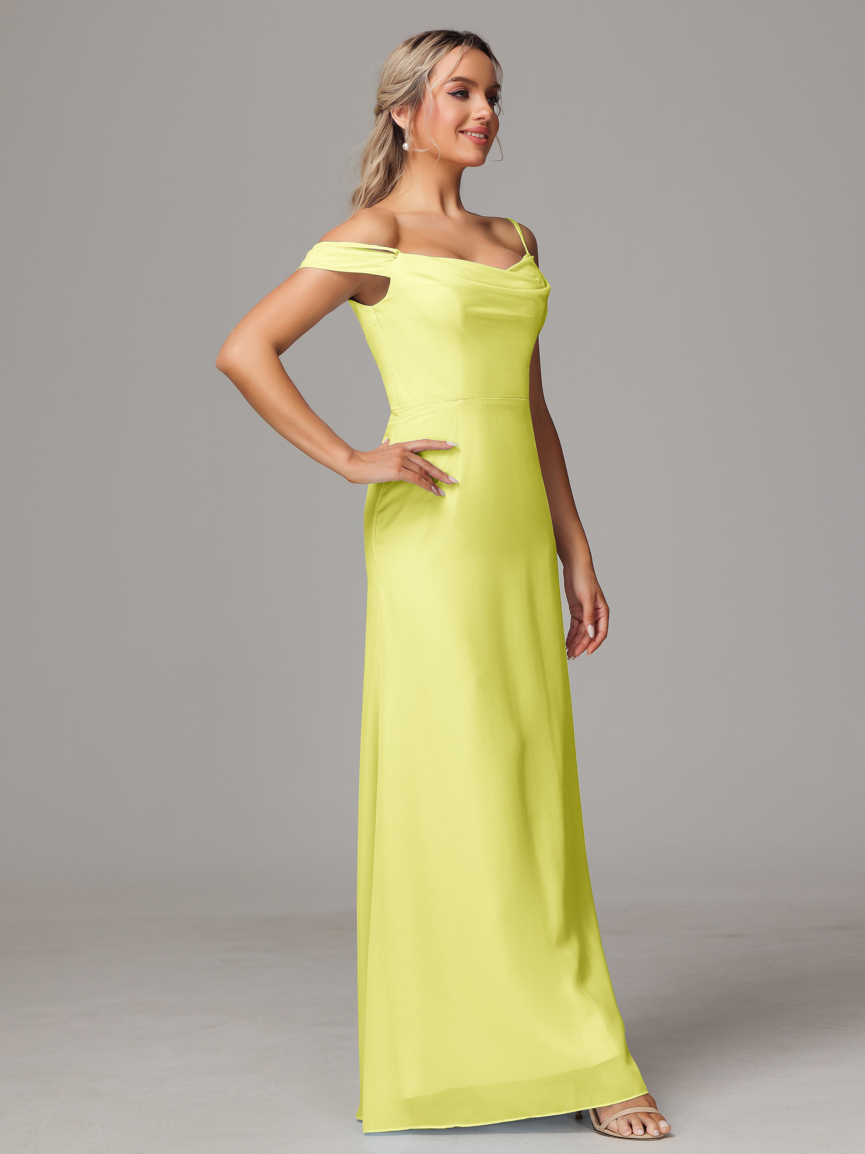 Spaghetti Straps Off The Shoulder Chiffon Wedding Guest Dress With Slit